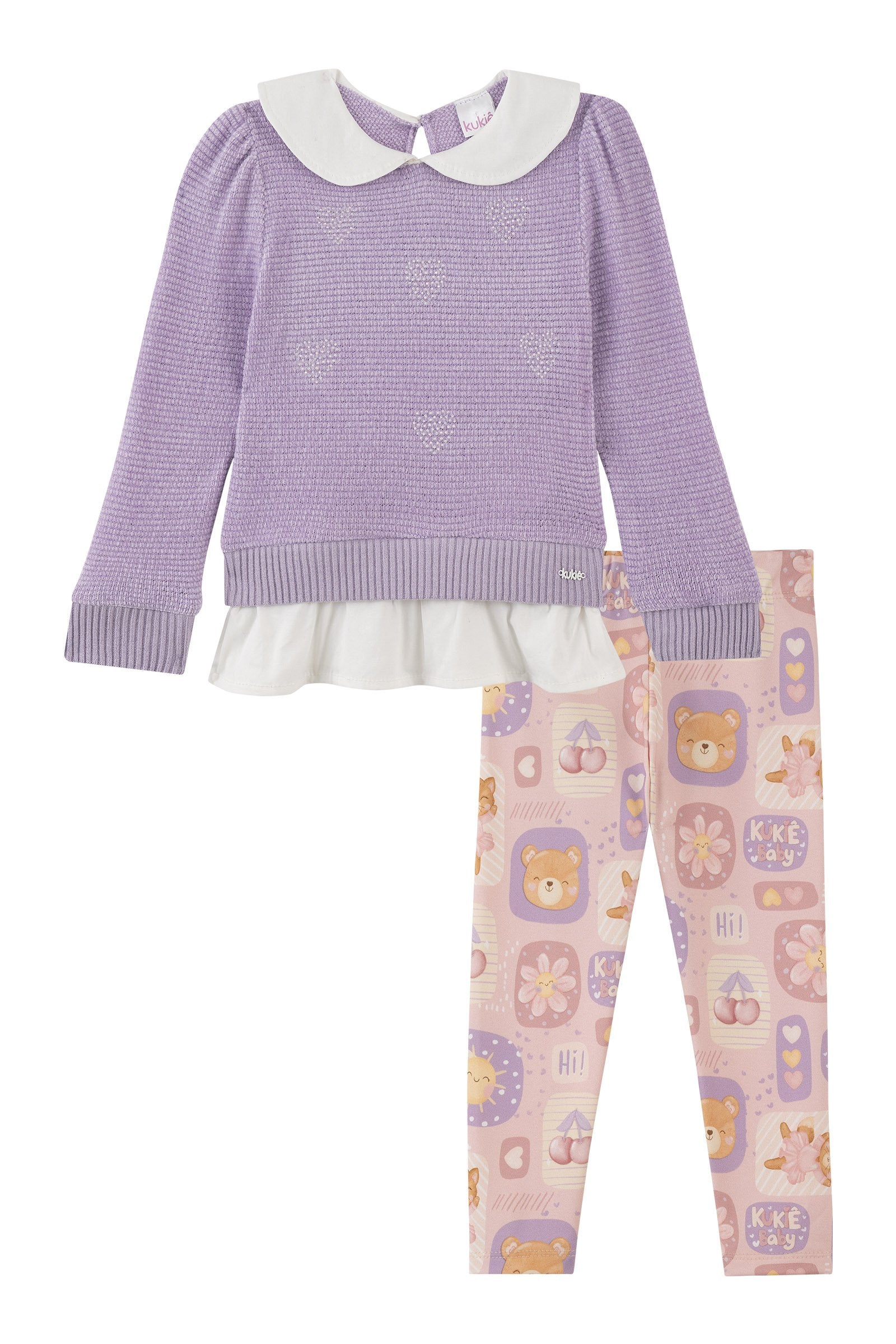 Conjunto de Blusão em Malha Tricot e Calça Legging Termoskin Peluciado 92256 Kukiê Bebê Menina