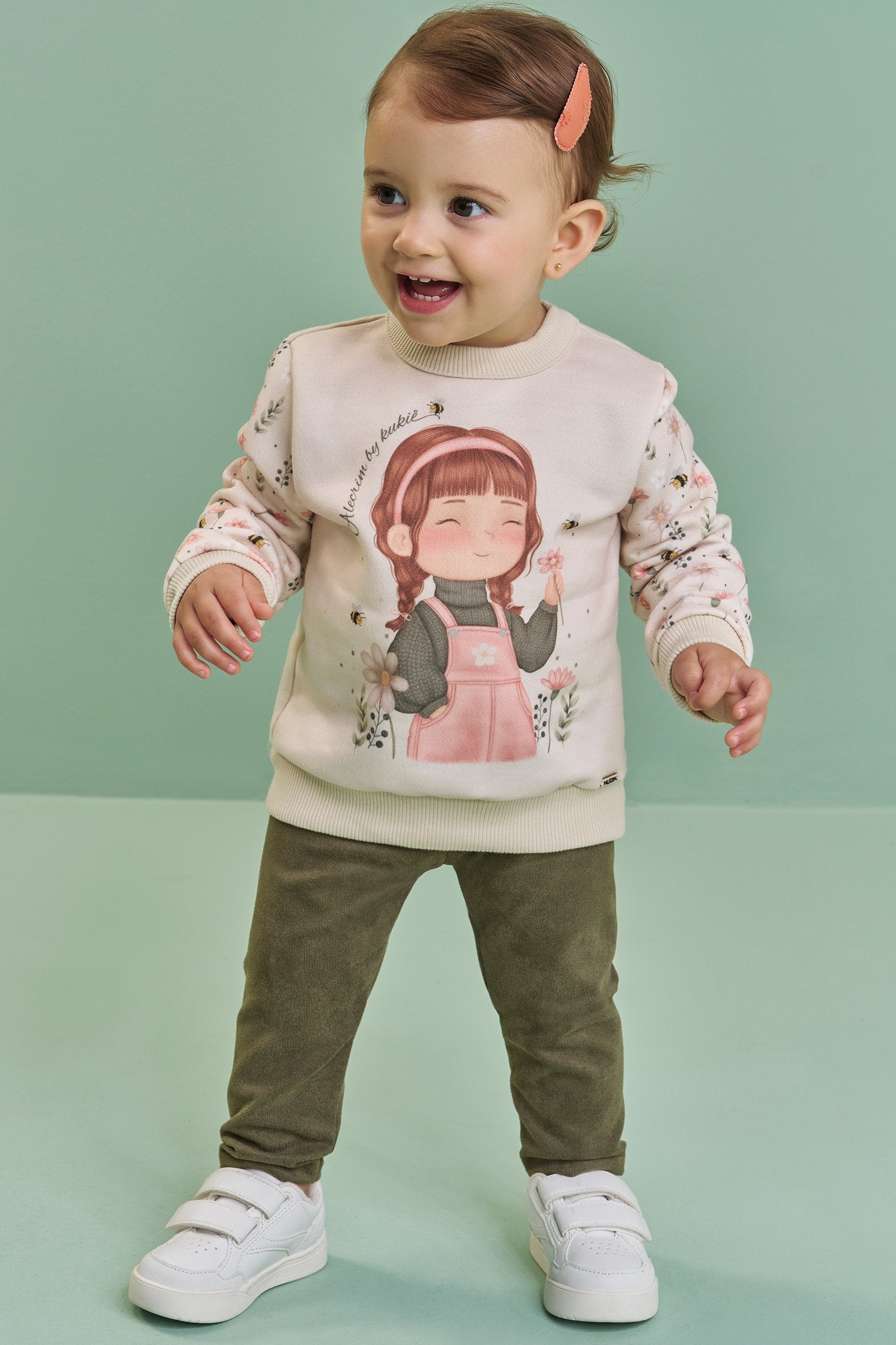 Conjunto de Blusão em Moletom com Pelúcia e Calça Legging em Cotelê Suede 90292 Kukiê Bebê Menina