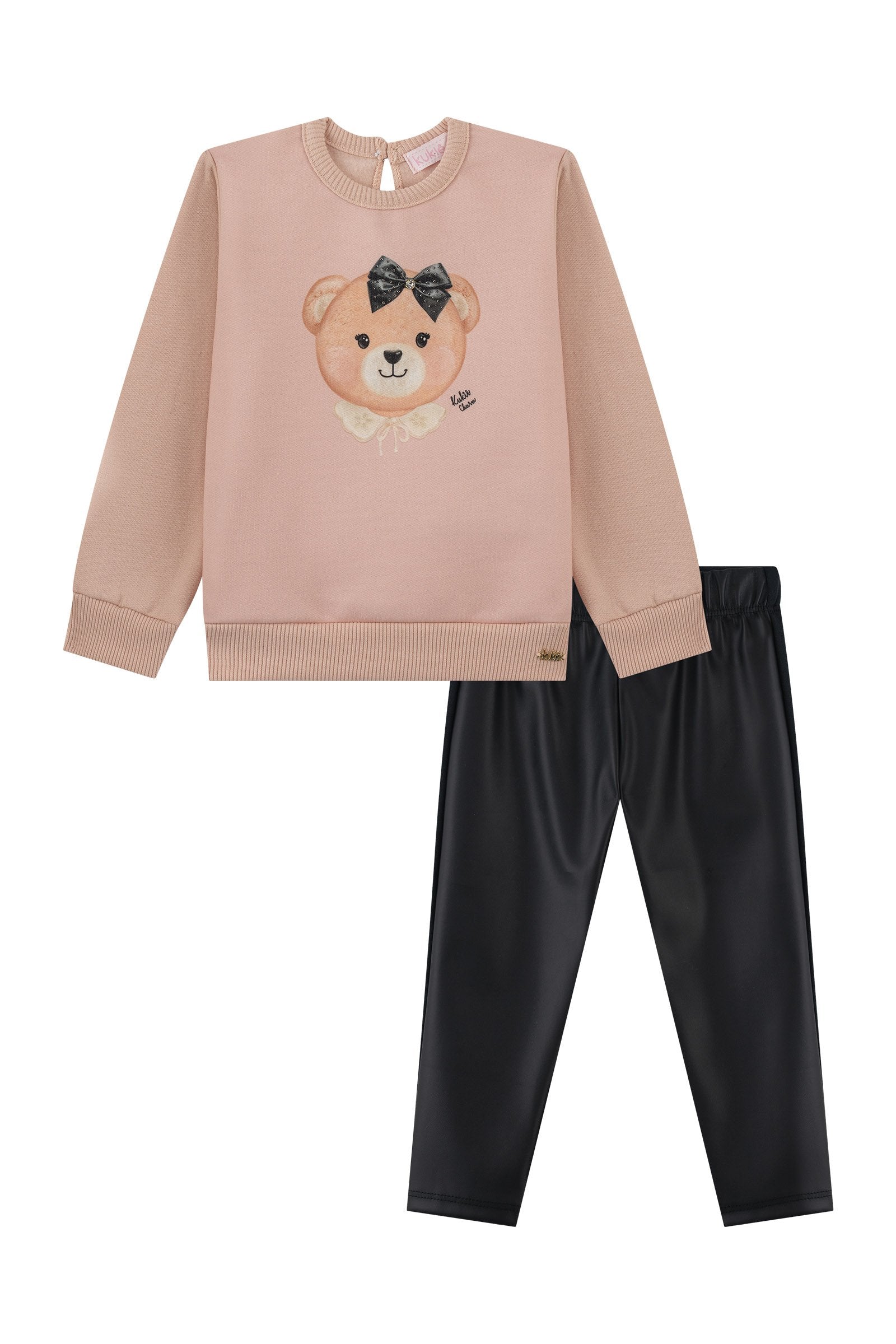 Conjunto de Blusão em Moletom com Pelúcia e Calça Legging em Couro Eco e Termoskin 92133 Kukiê Bebê Menina