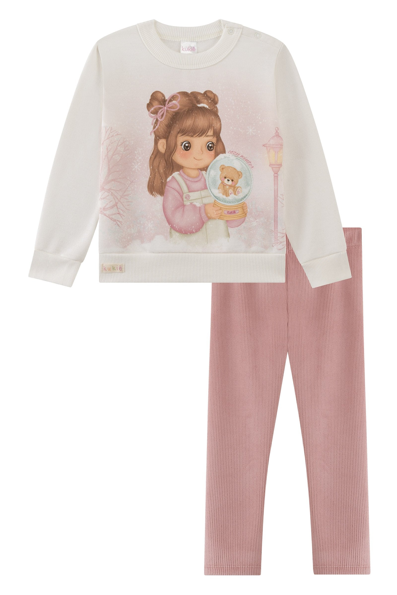 Conjunto de Blusão em Moletom com Pelúcia e Calça Legging em Fleece Cotelê com Elastano 92215 Kukiê Bebê Menina