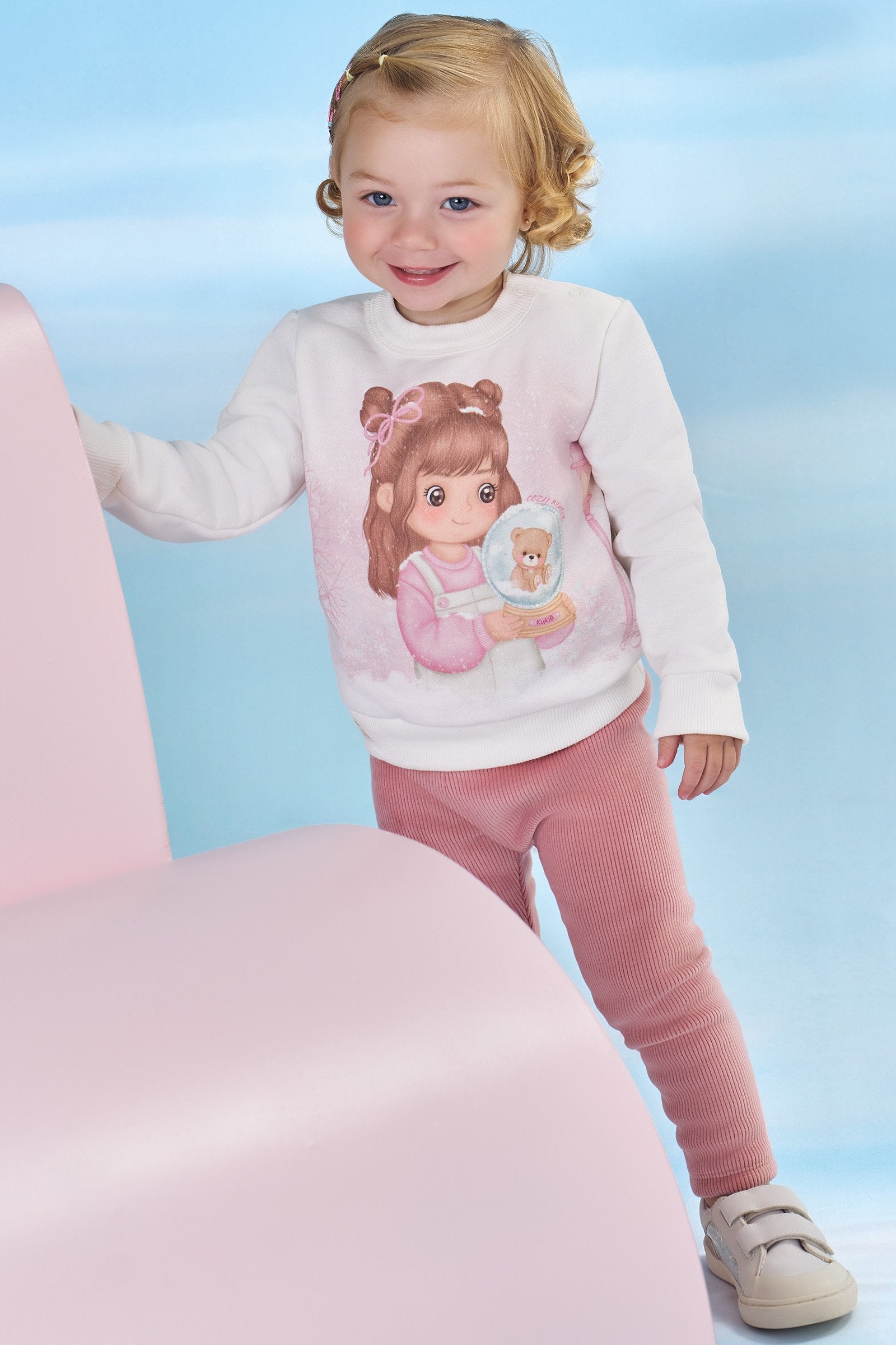 Conjunto de Blusão em Moletom com Pelúcia e Calça Legging em Fleece Cotelê com Elastano 92215 Kukiê Bebê Menina