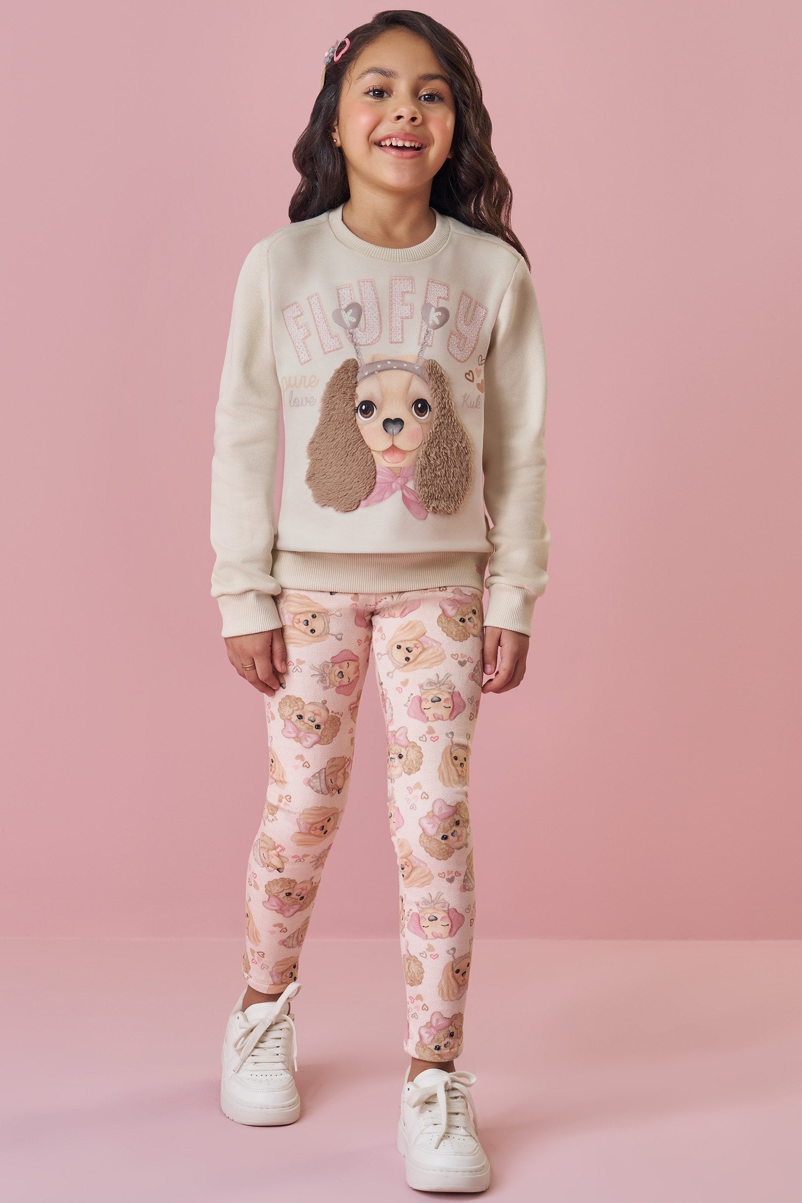 Conjunto de Blusão em Moletom com Pelúcia e Calça Legging em Fleece Luxo 90635 Kukiê Infantil Menina