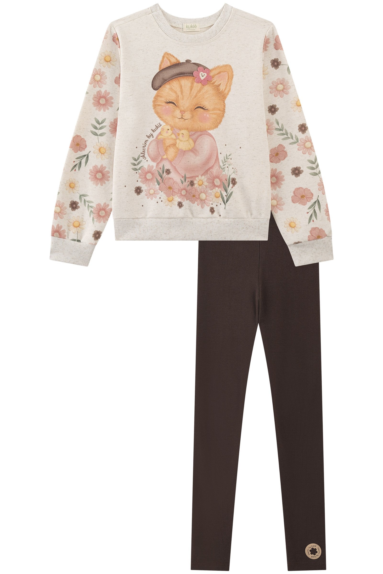 Conjunto de Blusão em Moletom Linho sem Pelúcia e Calça Legging em Canelado 89910 Kukiê Infantil Menina