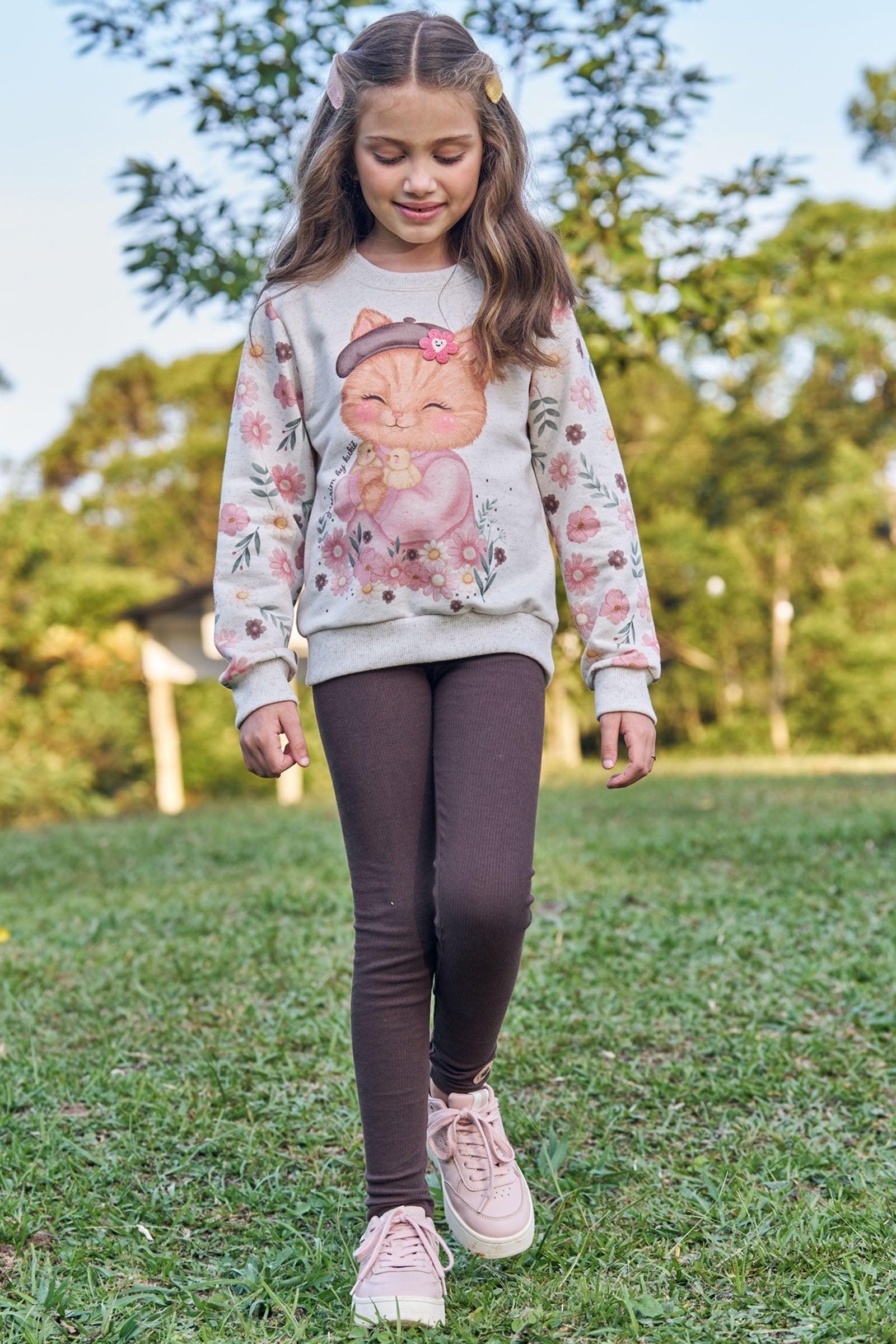 Conjunto de Blusão em Moletom Linho sem Pelúcia e Calça Legging em Canelado 89910 Kukiê Infantil Menina