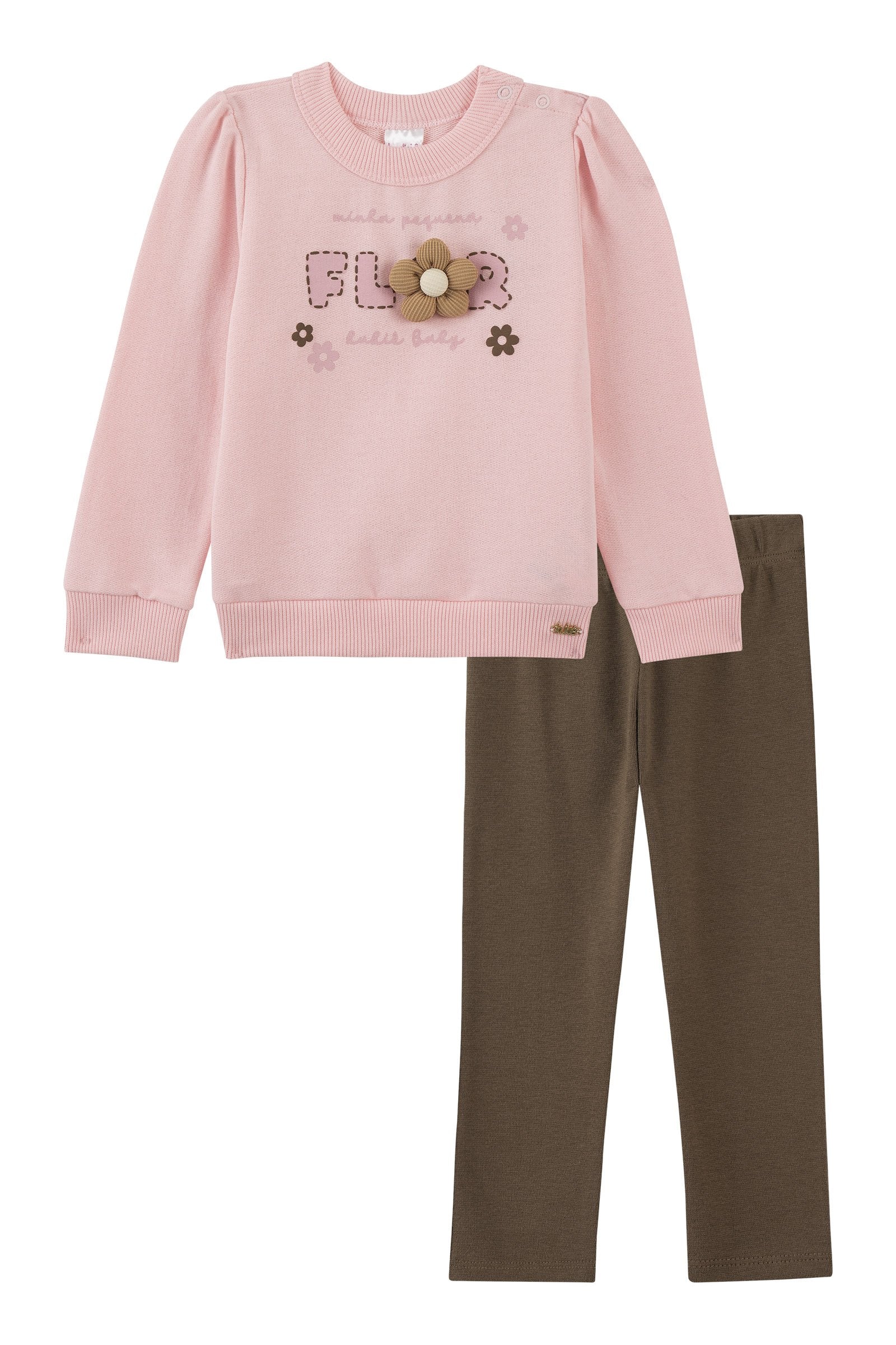 Conjunto de Blusão em Moletom sem Pelúcia e Calça Legging em Ribana 1x1 92210 Kukiê Bebê Menina