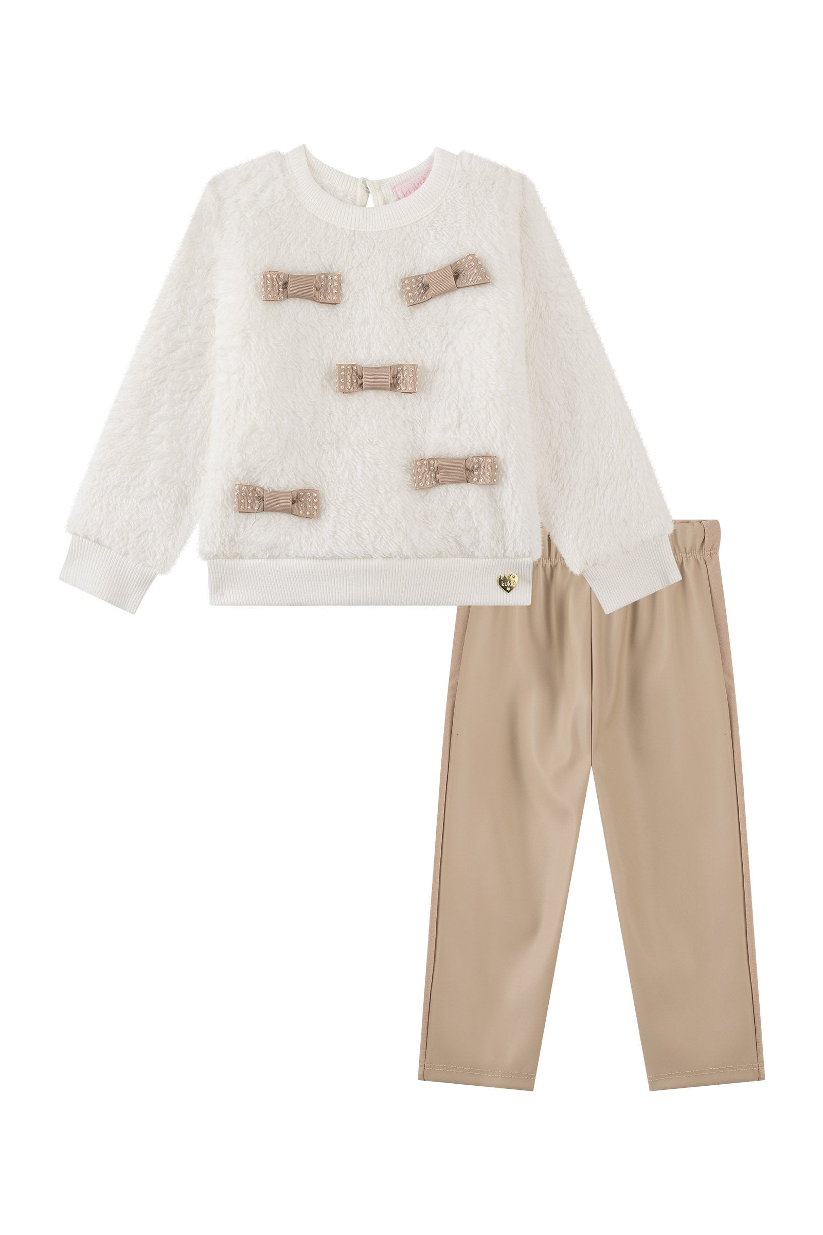 Conjunto de Blusão em Pêlo Carneirinho e Calça Legging em Couro Eco e Termoskin Peluciado 92125 Kukiê Bebê Menina