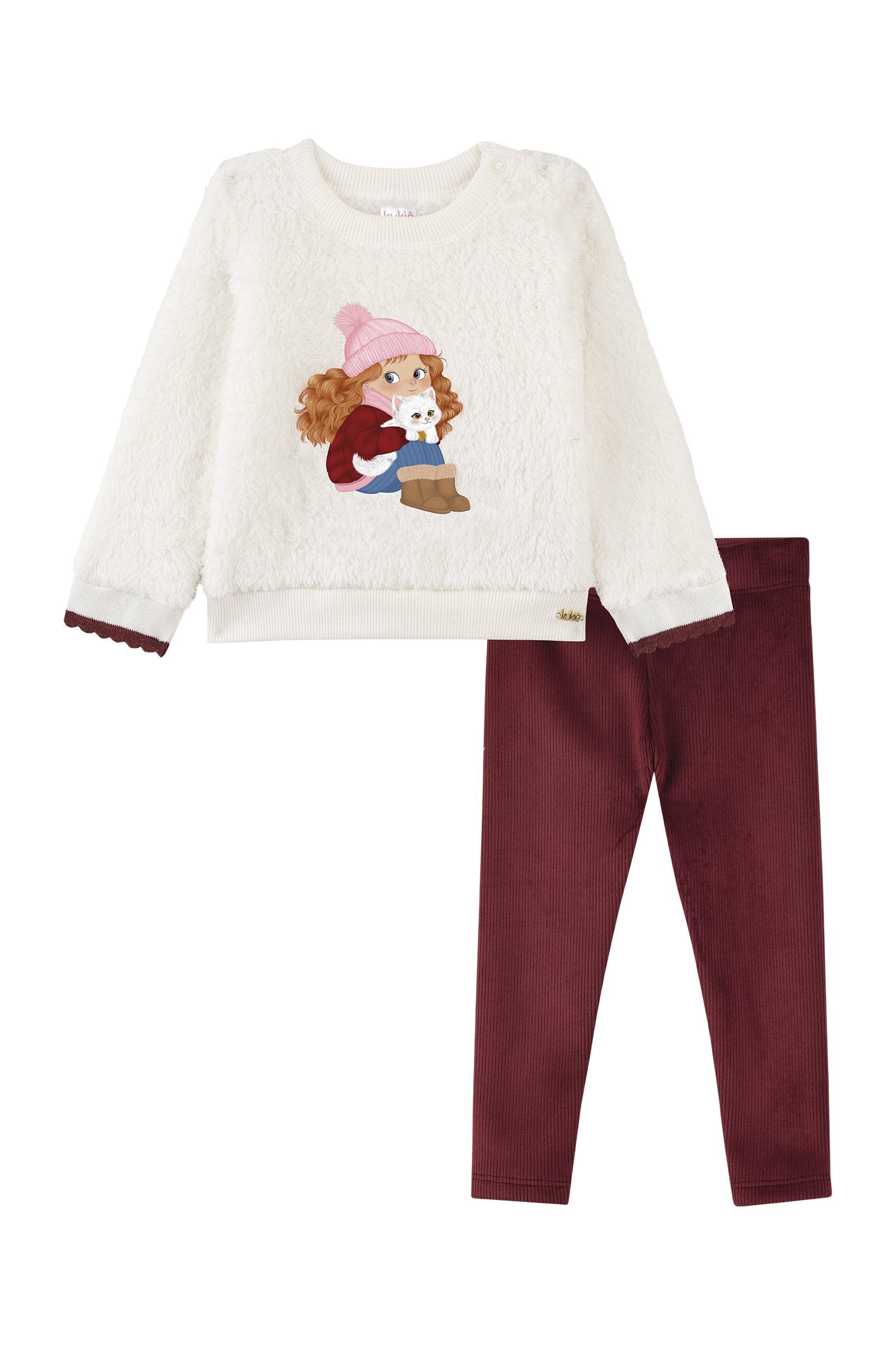 Conjunto de Blusão em Pêlo Carneirinho e Calça Legging em Fleece Cotelê com Elastano 92219 Kukiê Bebê Menina