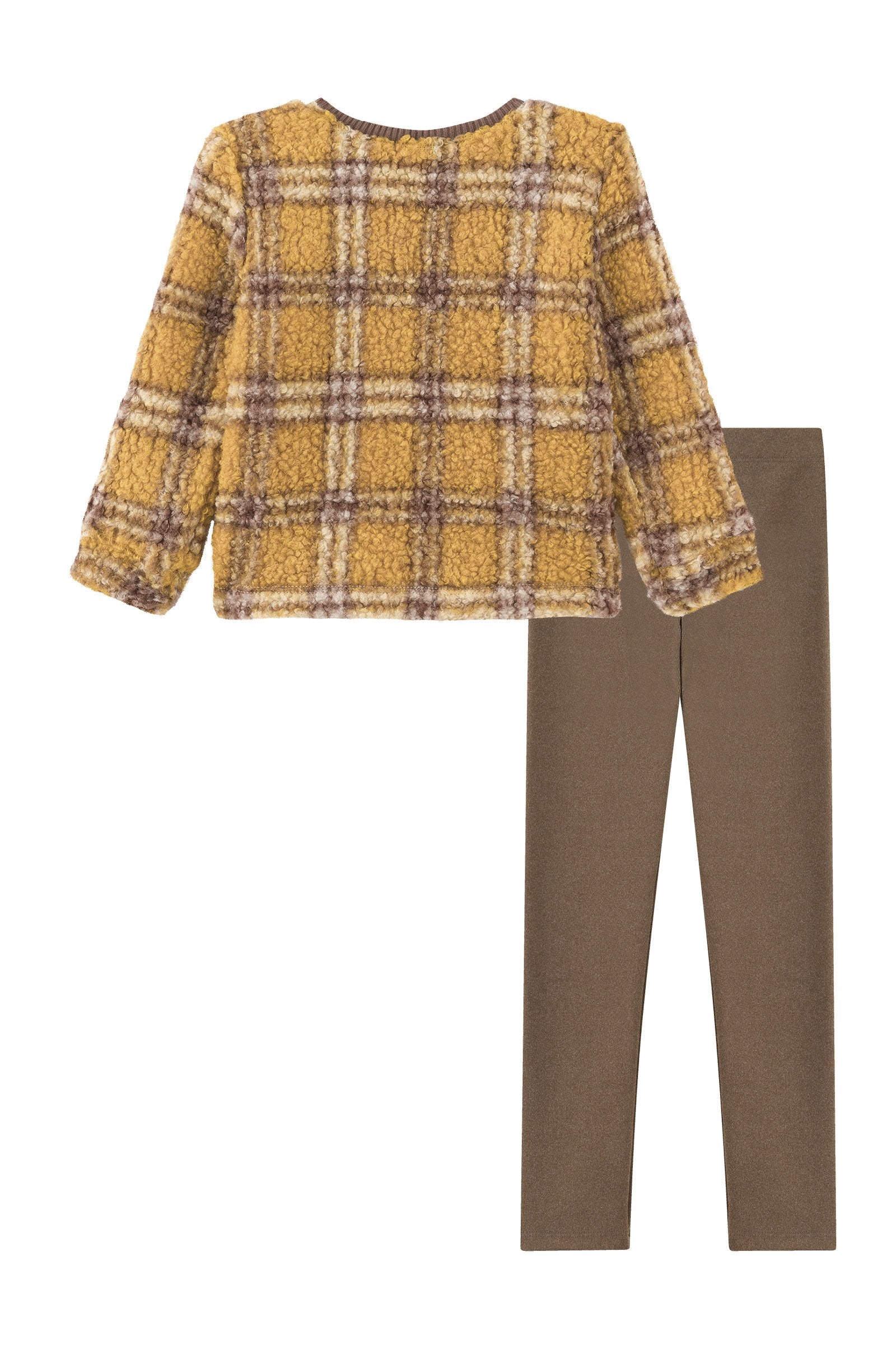 Conjunto de Blusão em Pelo Xadrez e Calça Legging em Canelado Comfy 92700 Kukiê Infantil Menina