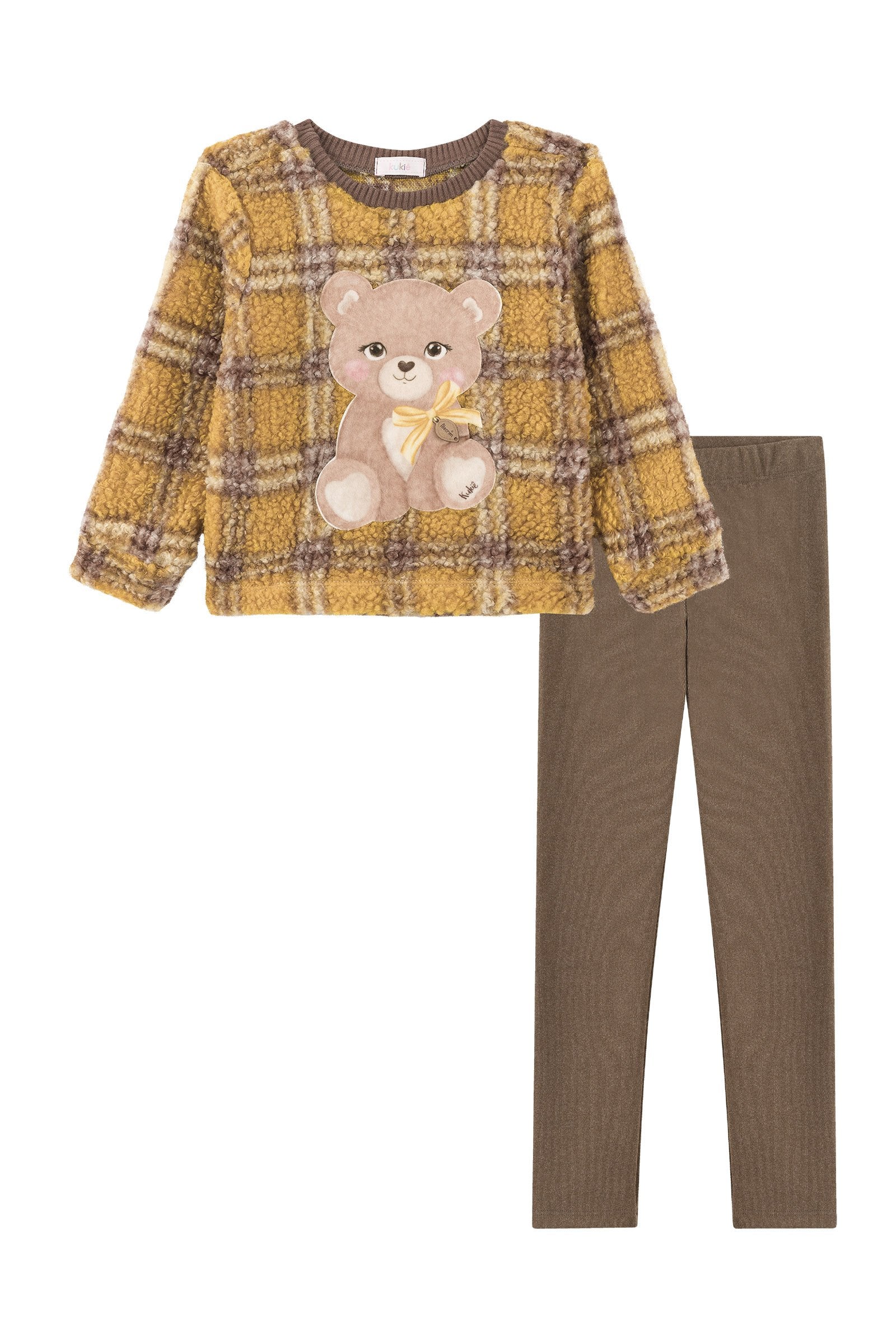 Conjunto de Blusão em Pelo Xadrez e Calça Legging em Canelado Comfy 92700 Kukiê Infantil Menina