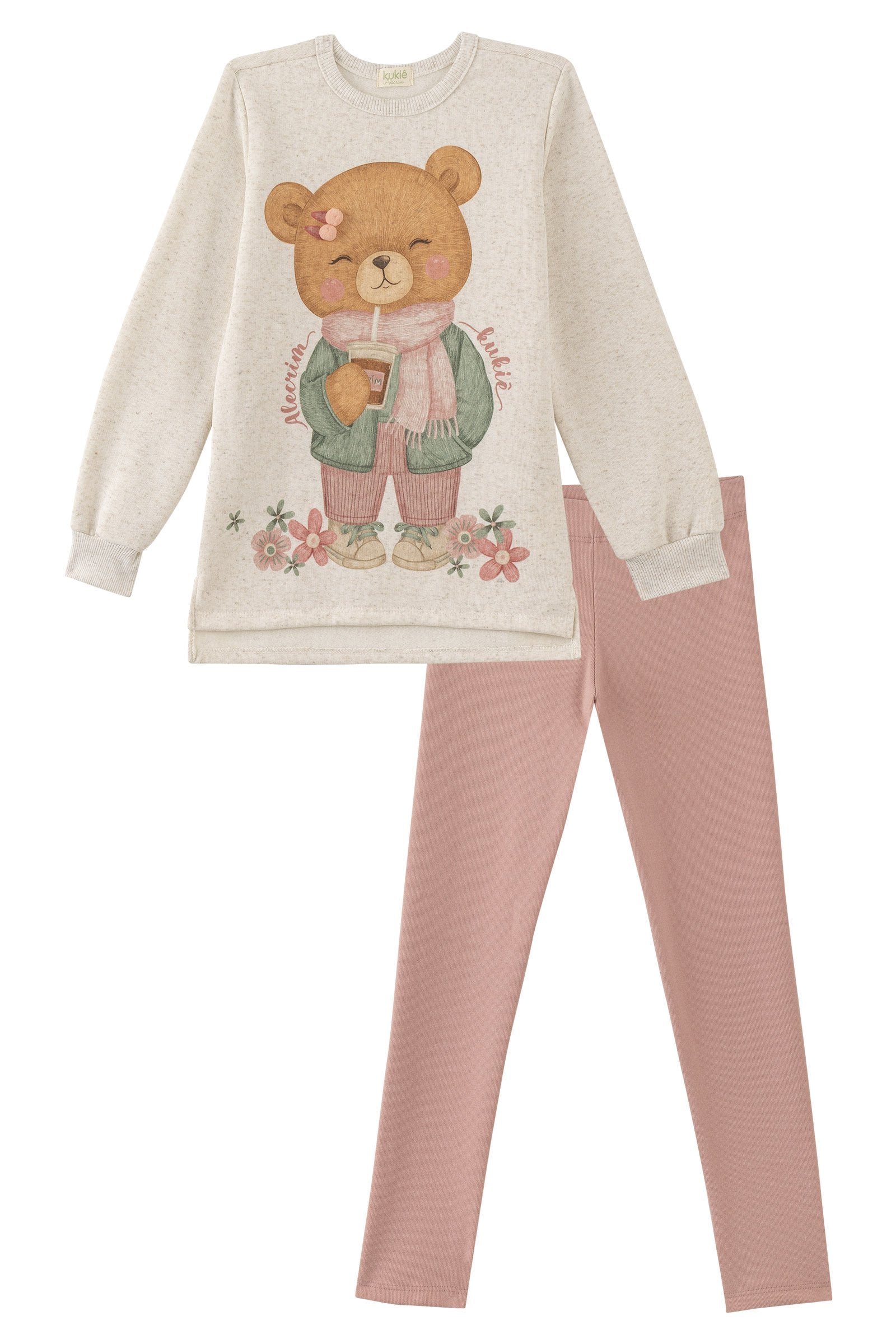 Conjunto de Blusão Over em Moletom Linho com Pelúcia e Calça Legging em Canelado Comfy 89572 Kukiê Infantil Menina