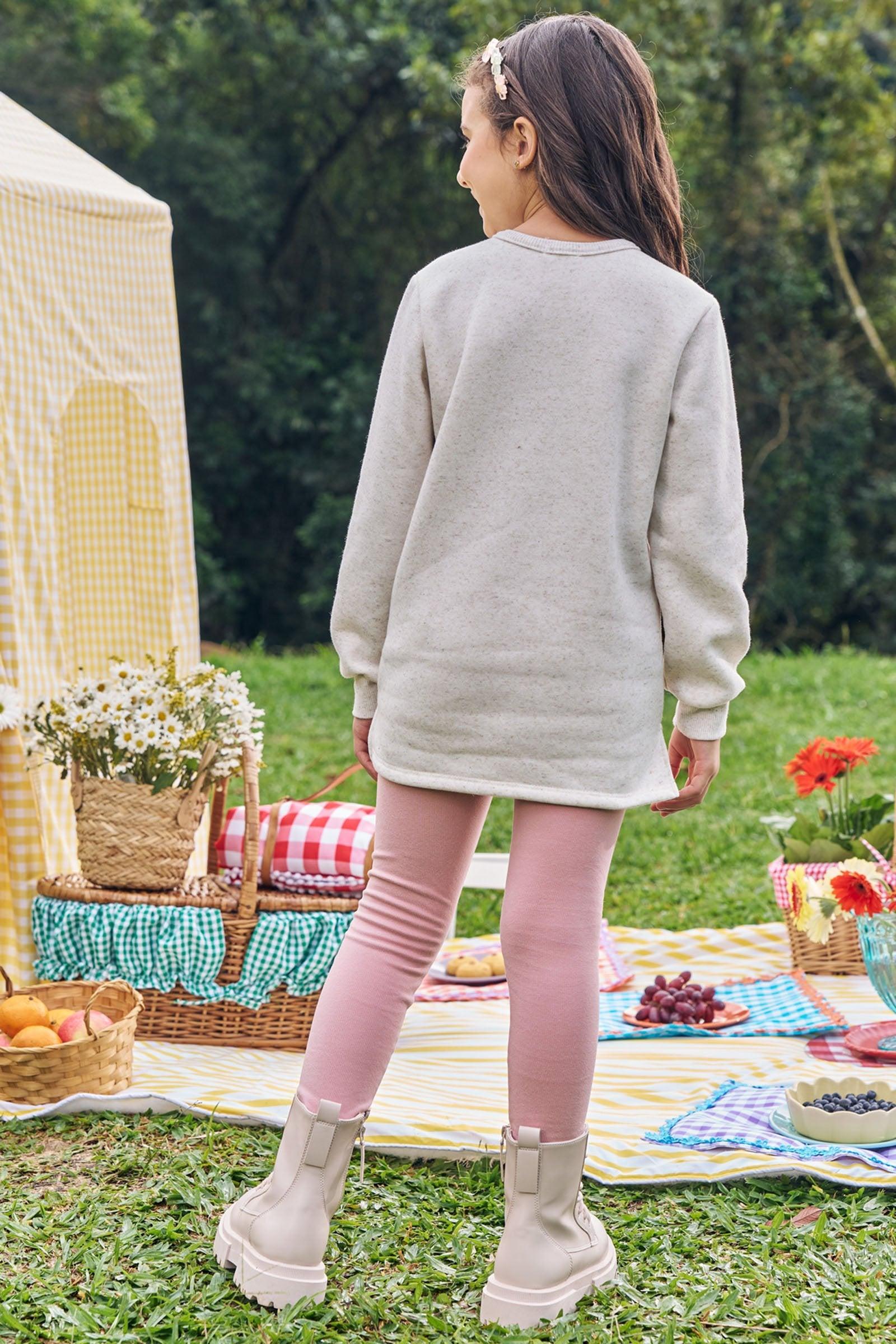 Conjunto de Blusão Over em Moletom Linho com Pelúcia e Calça Legging em Canelado Comfy 89572 Kukiê Infantil Menina