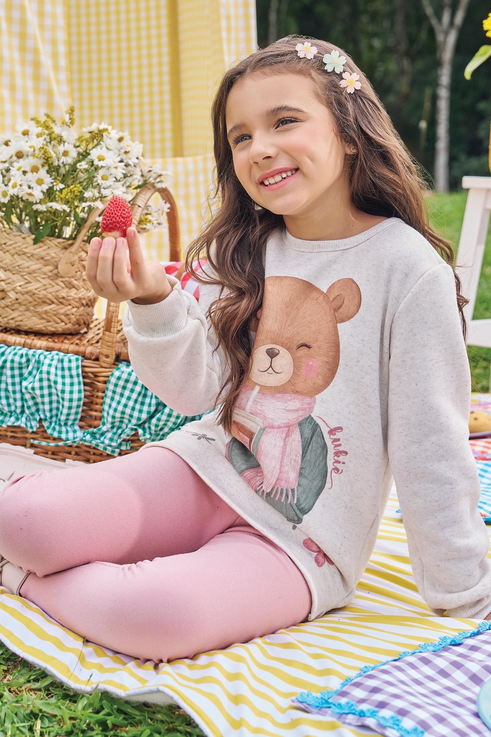 Conjunto de Blusão Over em Moletom Linho com Pelúcia e Calça Legging em Canelado Comfy 89572 Kukiê Infantil Menina