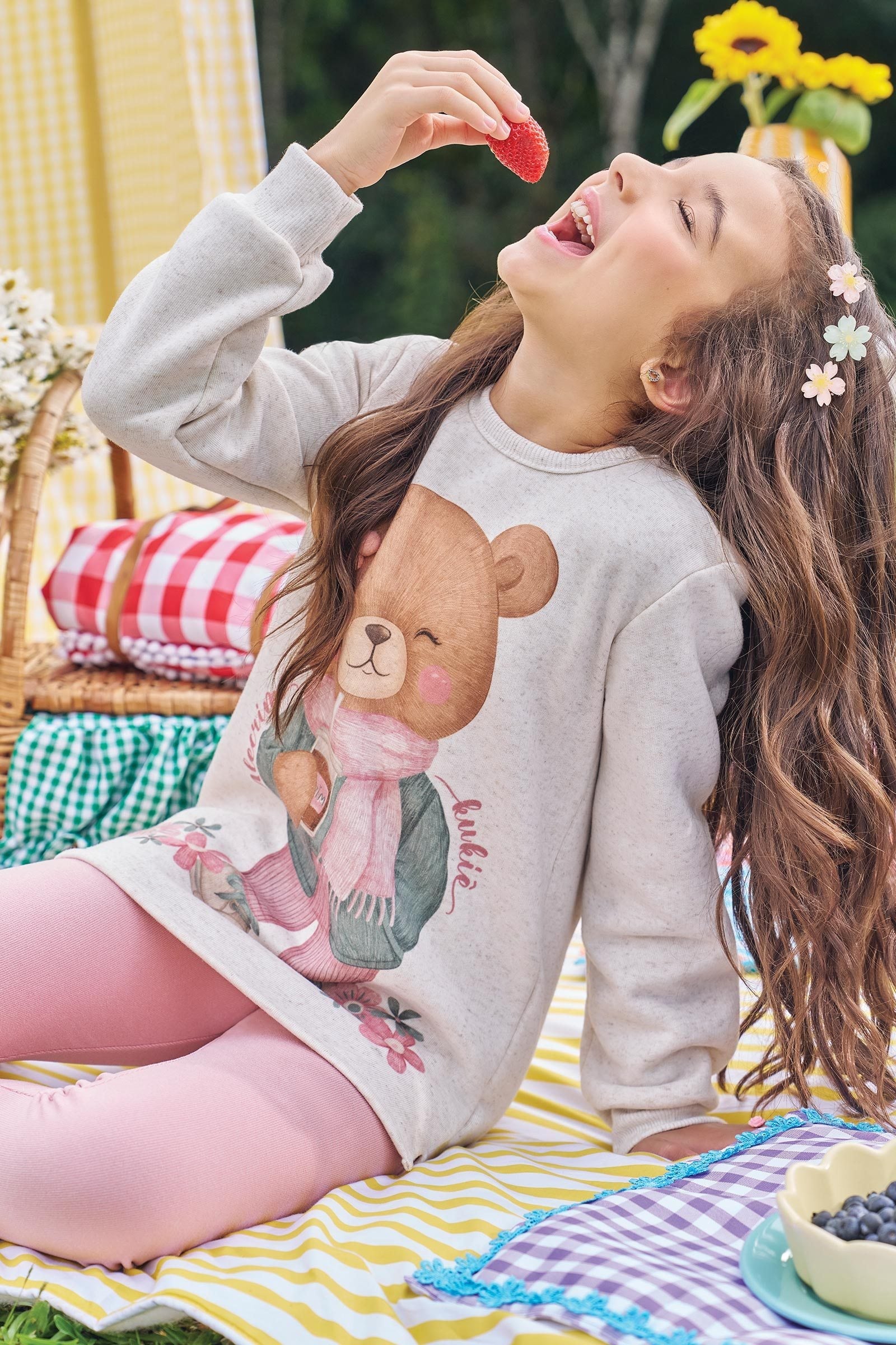 Conjunto de Blusão Over em Moletom Linho com Pelúcia e Calça Legging em Canelado Comfy 89572 Kukiê Infantil Menina