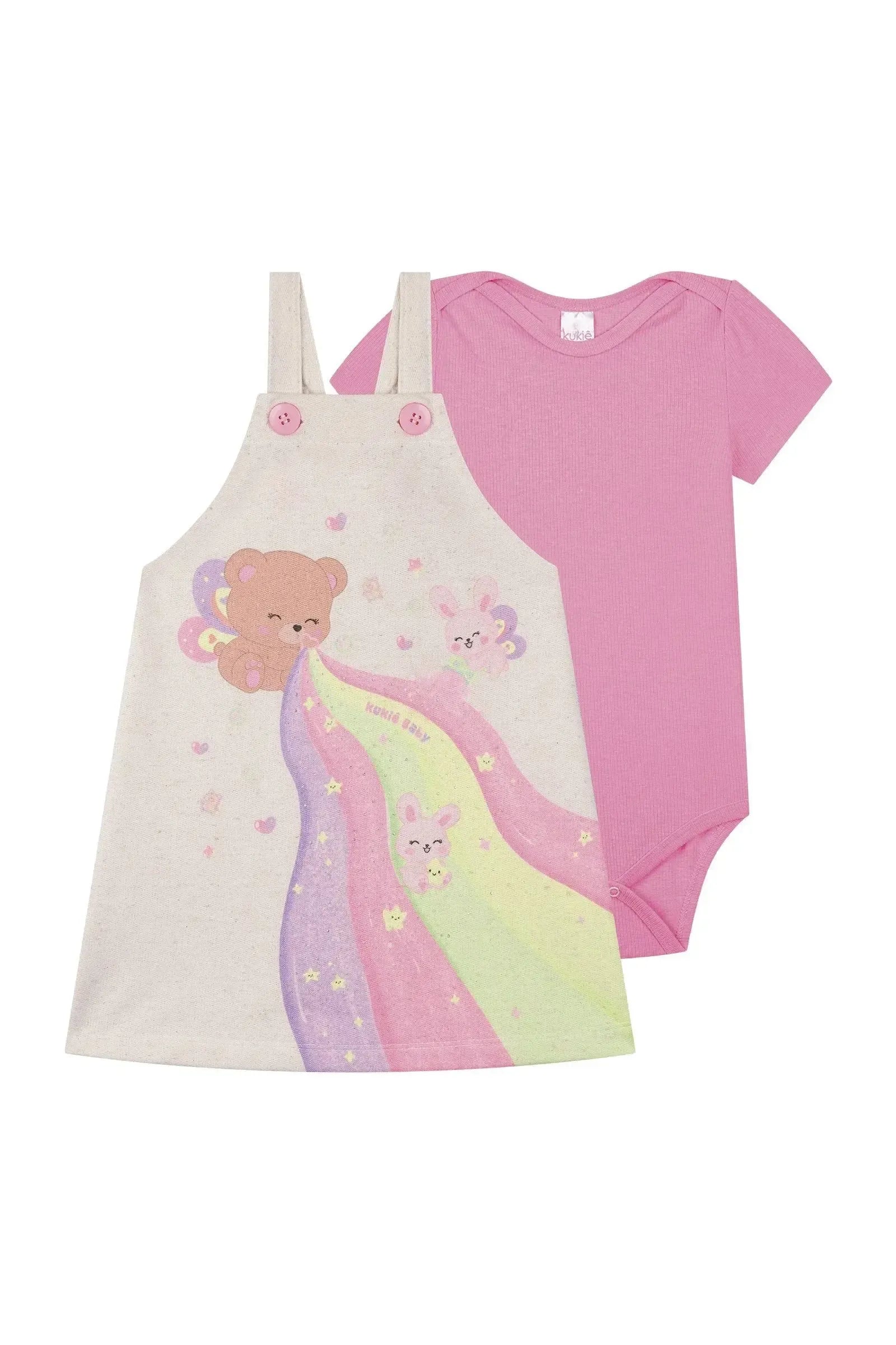 Conjunto de Body em Canelado e Salopete em Moletom Linho 87258 Kukiê Bebê Menina