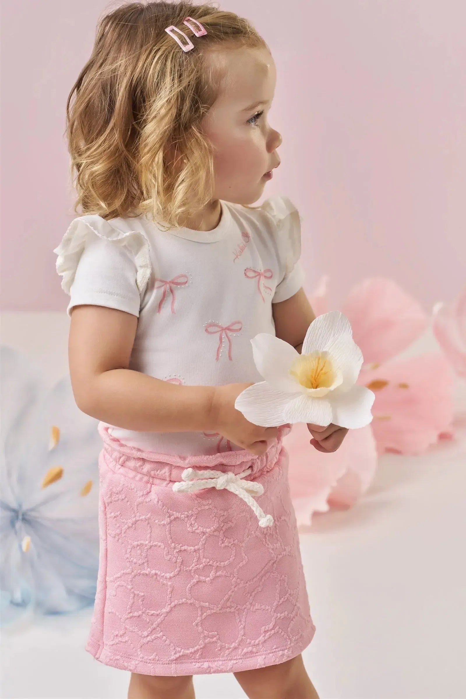 Conjunto de Body em Cotton e Short Saia em Malha Jacquard Coração 87840 Kukiê Bebê Menina