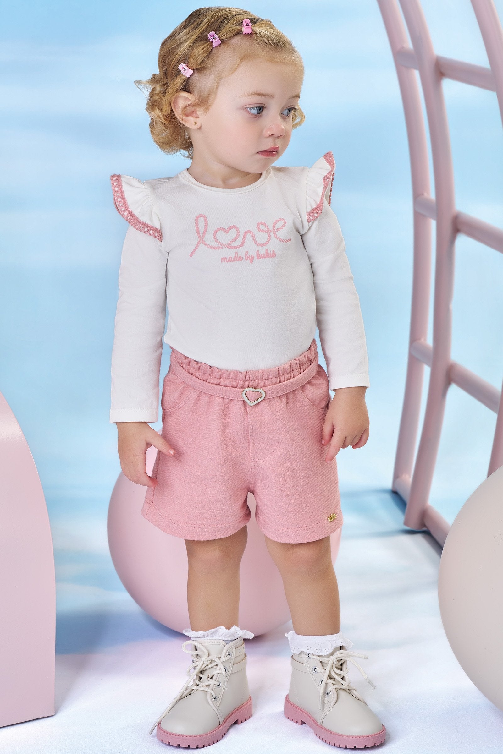 Conjunto de Body em Cotton e Shorts em Cotton Jeans 91960 Kukiê Bebê Menina