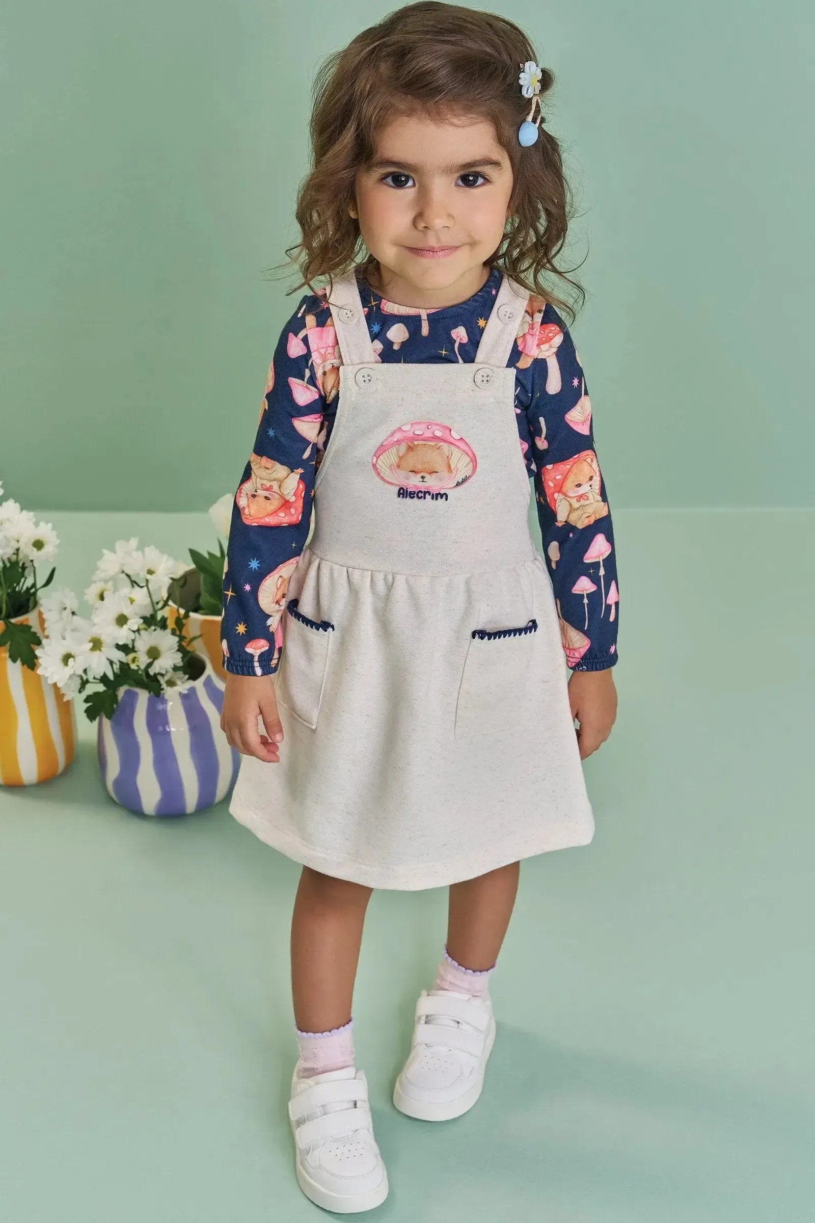 Conjunto de Body em Malha Fresh e Salopete em Moletom Linho sem Pelúcia 90308 Kukiê Bebê Menina