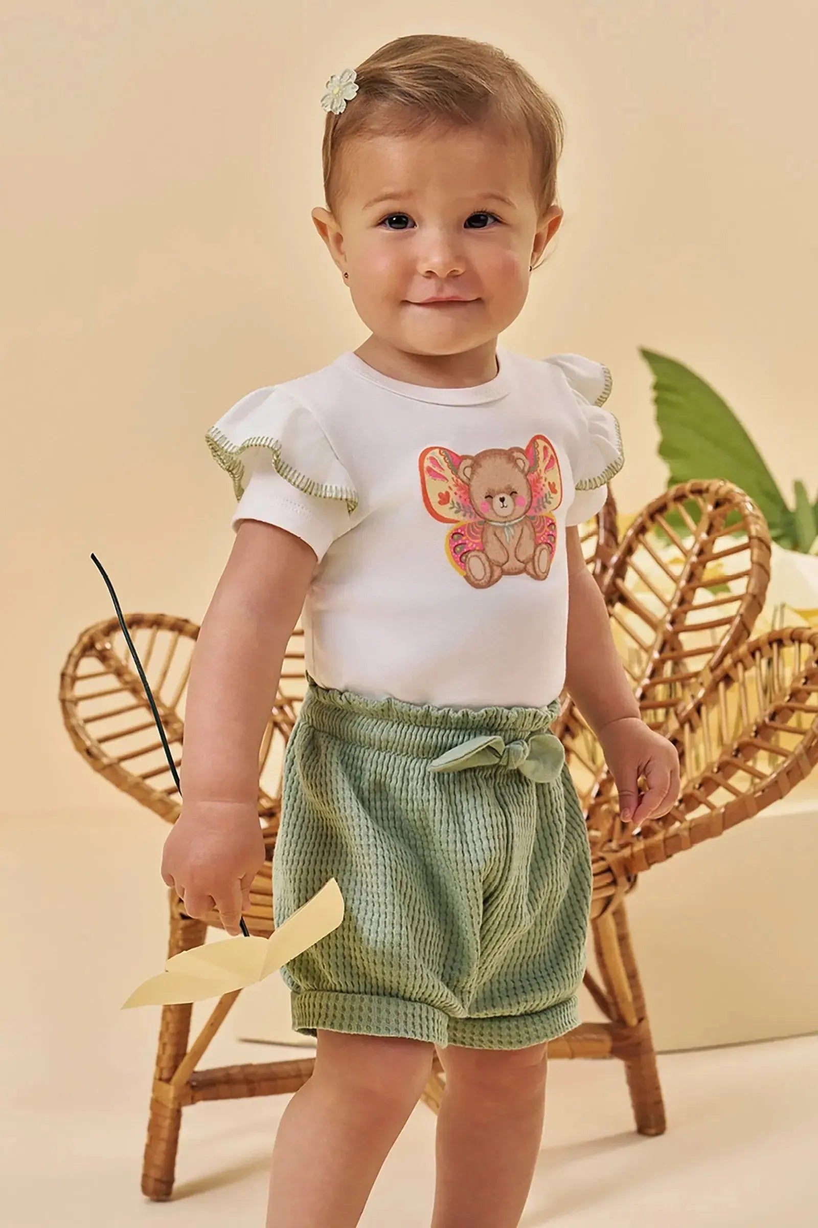 Conjunto de Body em Suedine e Shorts em Malha Big Waffle 95547 Kukiê Bebê Menina