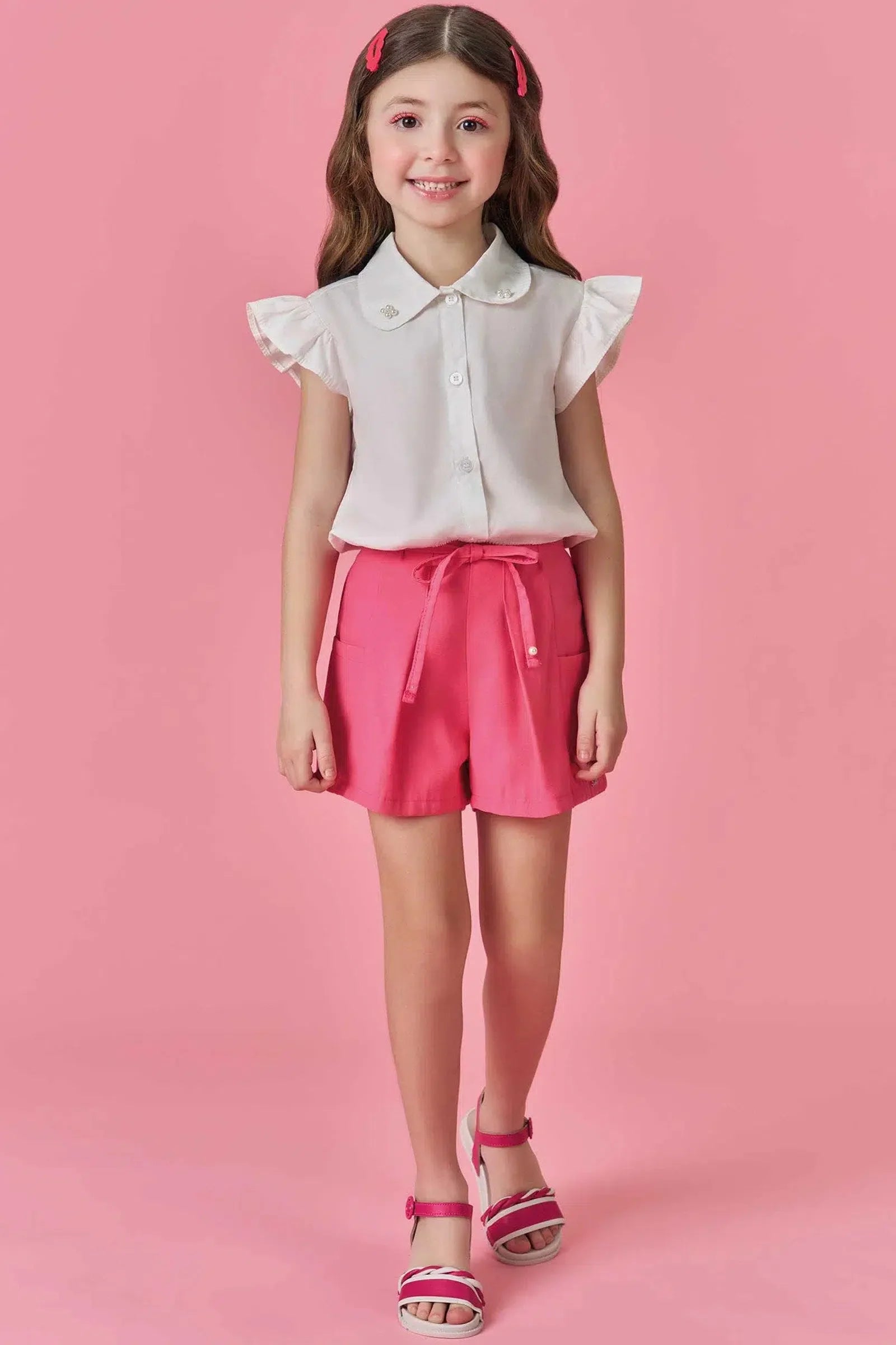 Conjunto Infantil Menina de Camisa em Tricoline e Shorts em Alfaiataria 81324 Kukiê