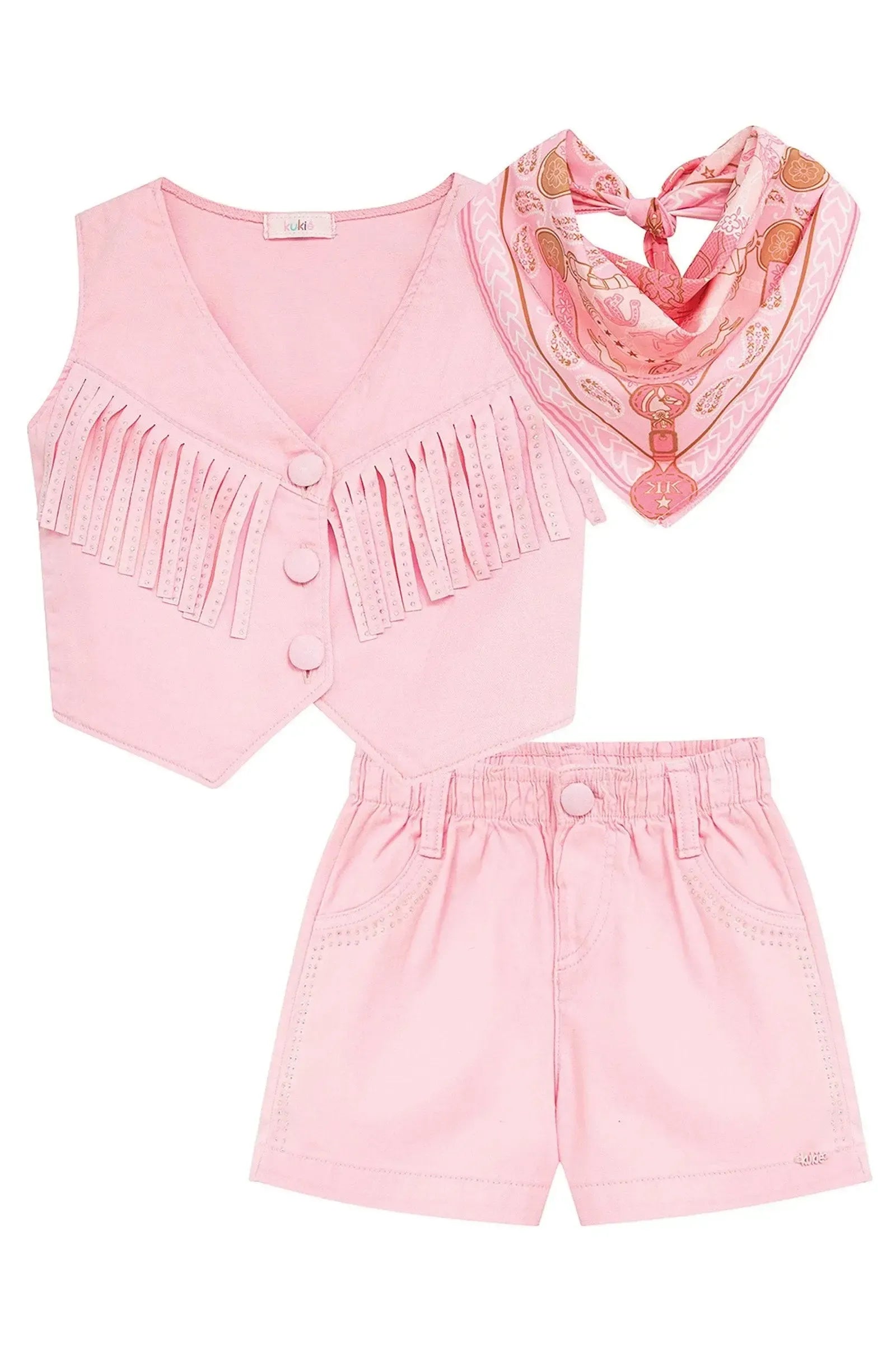 Conjunto de Colete e Shorts e em Sarja com Elastano (Acompanha Lenço) 95957 Kukiê Infantil Menina