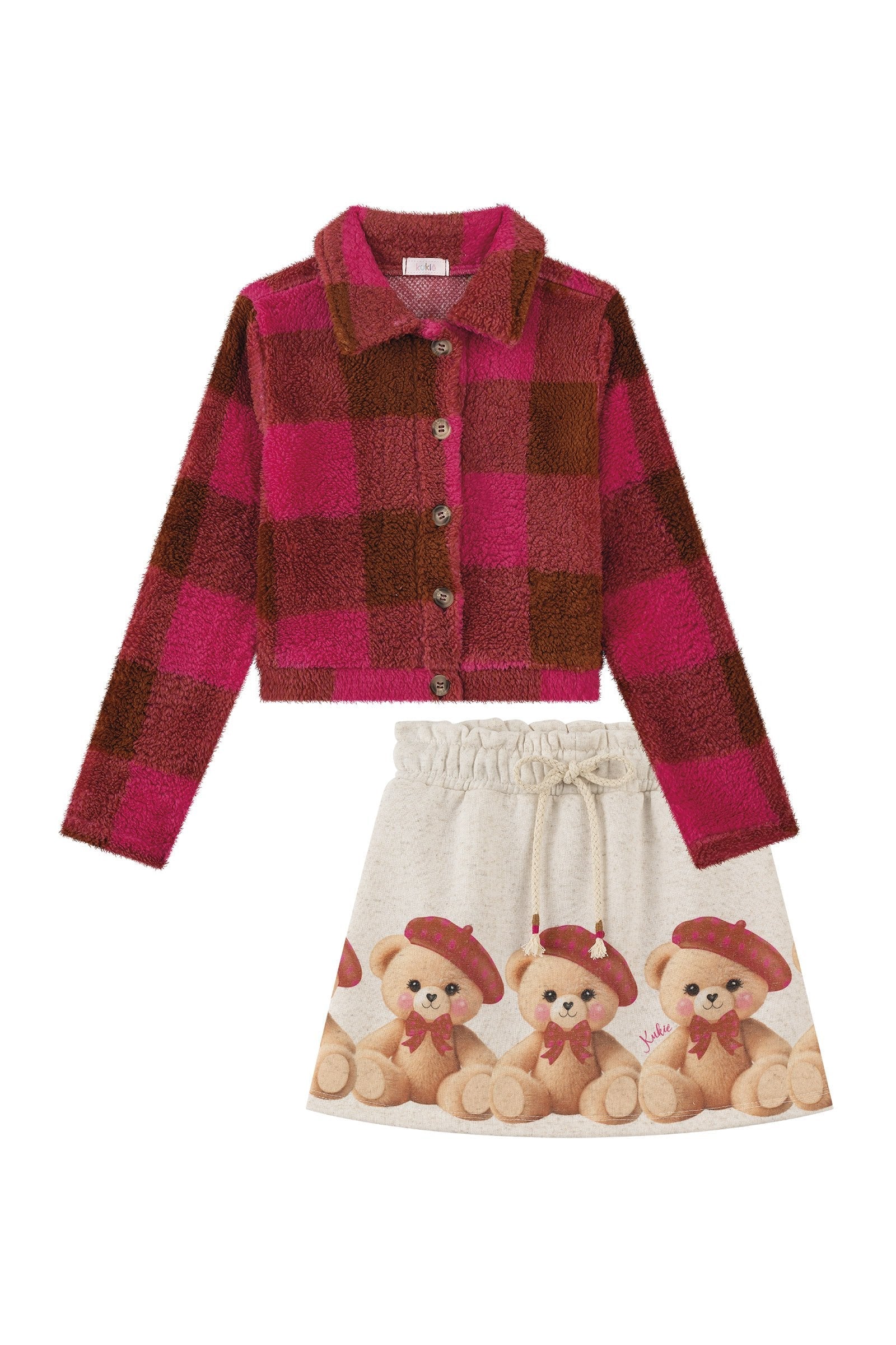 Conjunto de Jaqueta Boxy em Pelo Maxi Sheep e Short Saia em Moletom com Pelúcia 92508 Kukiê Infantil Menina