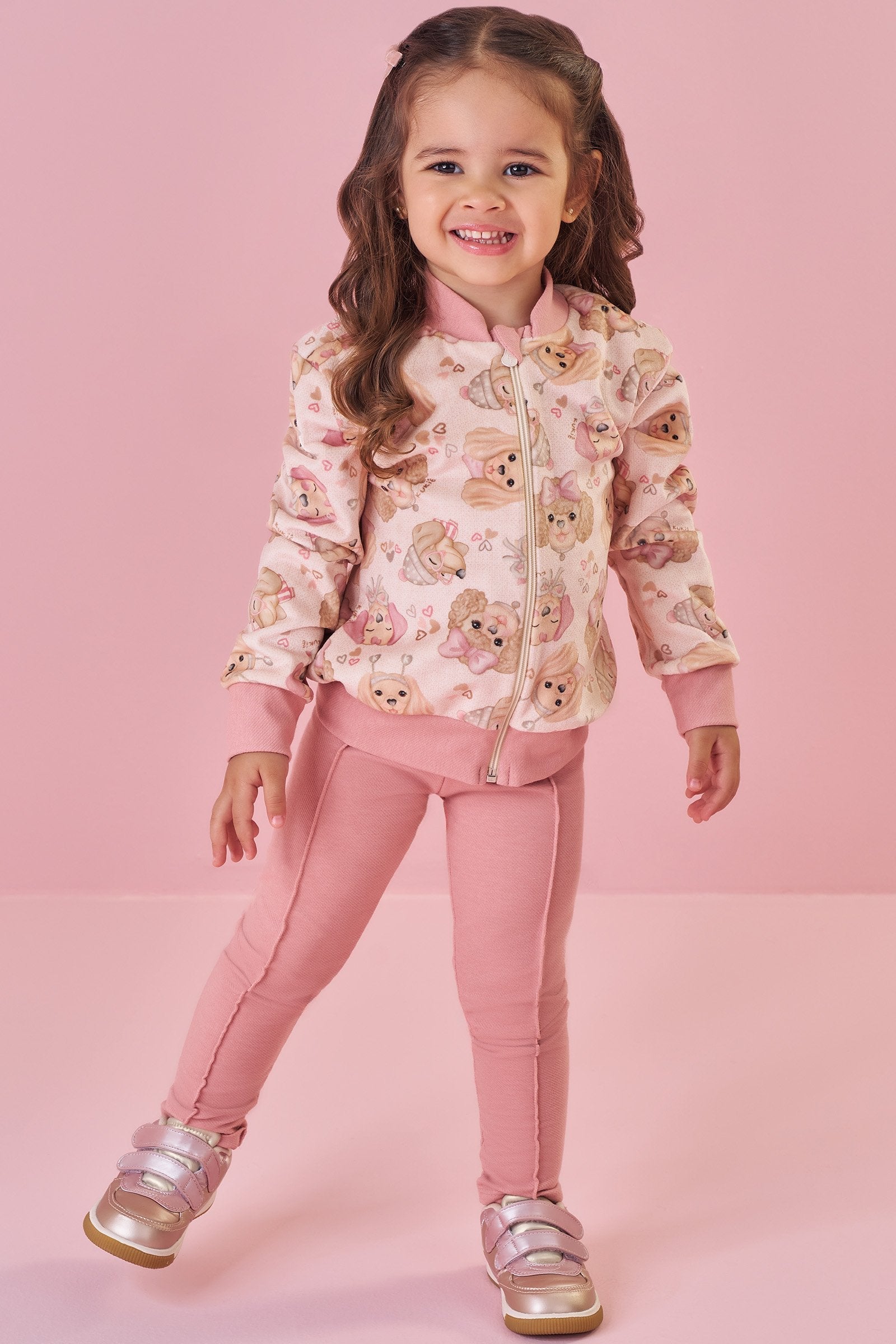 Conjunto de Jaqueta em Fleece Luxo e Calça Legging em Cotton Jeans 90893 Kukiê Bebê Menina