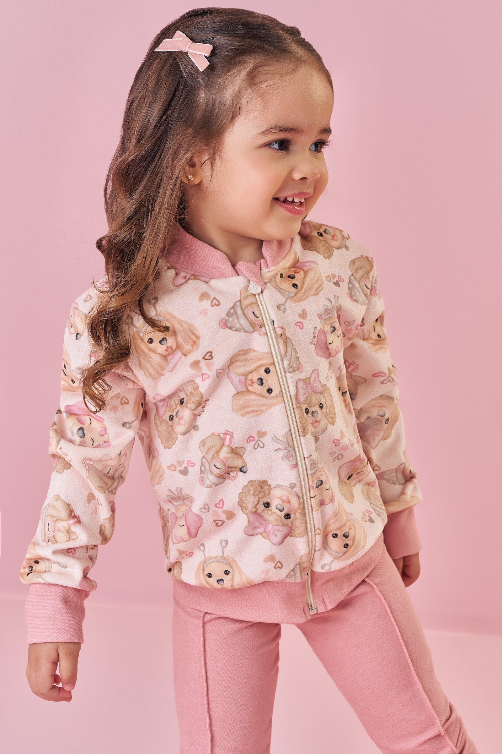 Conjunto de Jaqueta em Fleece Luxo e Calça Legging em Cotton Jeans 90893 Kukiê Bebê Menina