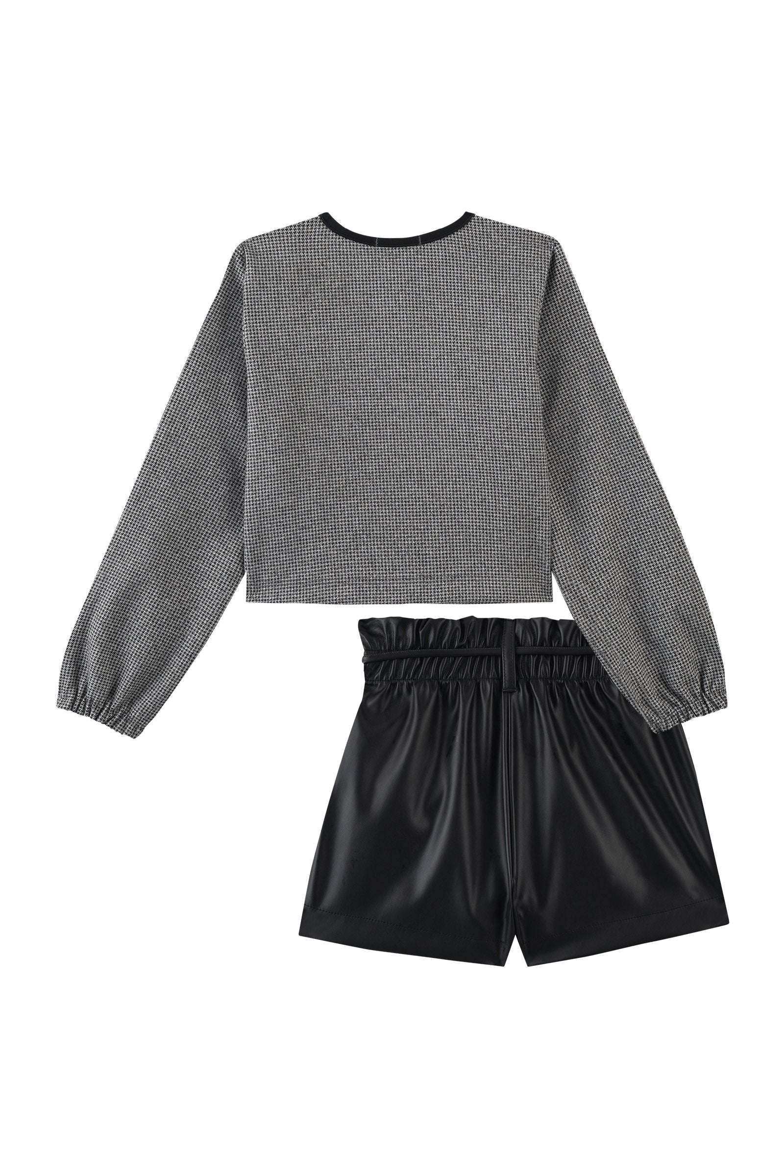 Conjunto de Jaqueta em Lã Pied de Poule e Shorts em Couro Eco 90278 Kukiê Infantil Menina