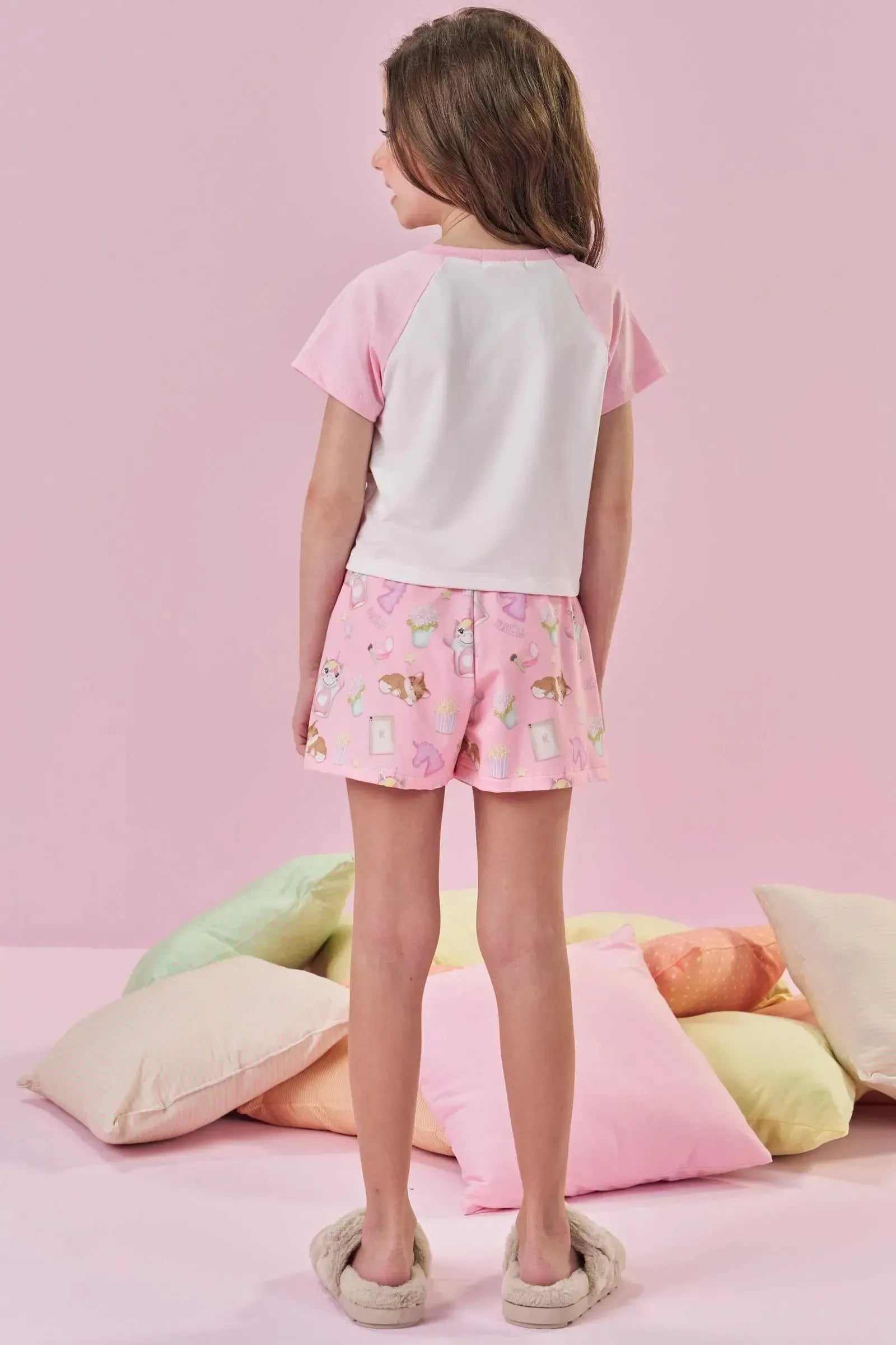 Conjunto de Pijama de Blusa Boxy e Shorts em Malha Comfy 86967 Kukiê Infantil Menina
