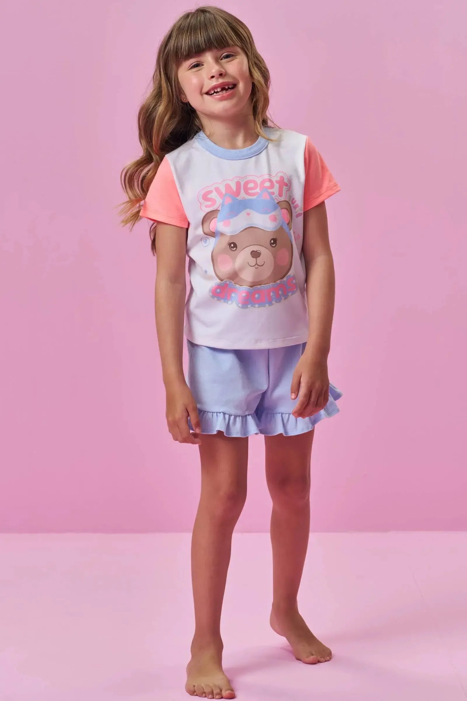 Conjunto de Pijama de Blusa e Shorts em Meia Malha 94315 Kukiê Infantil Menina