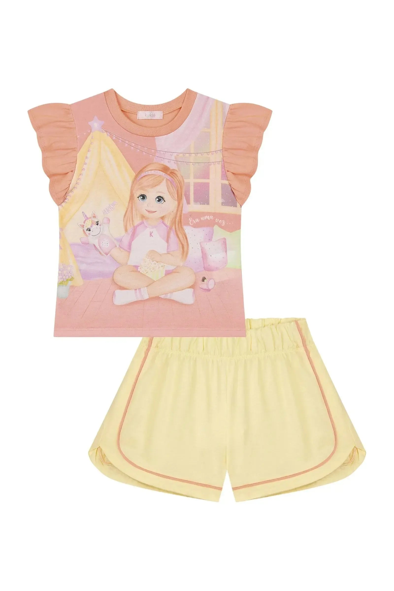 Conjunto de Pijama de Blusa em Flamê e Shorts em Meia Malha 88747 Kukiê Infantil Menina