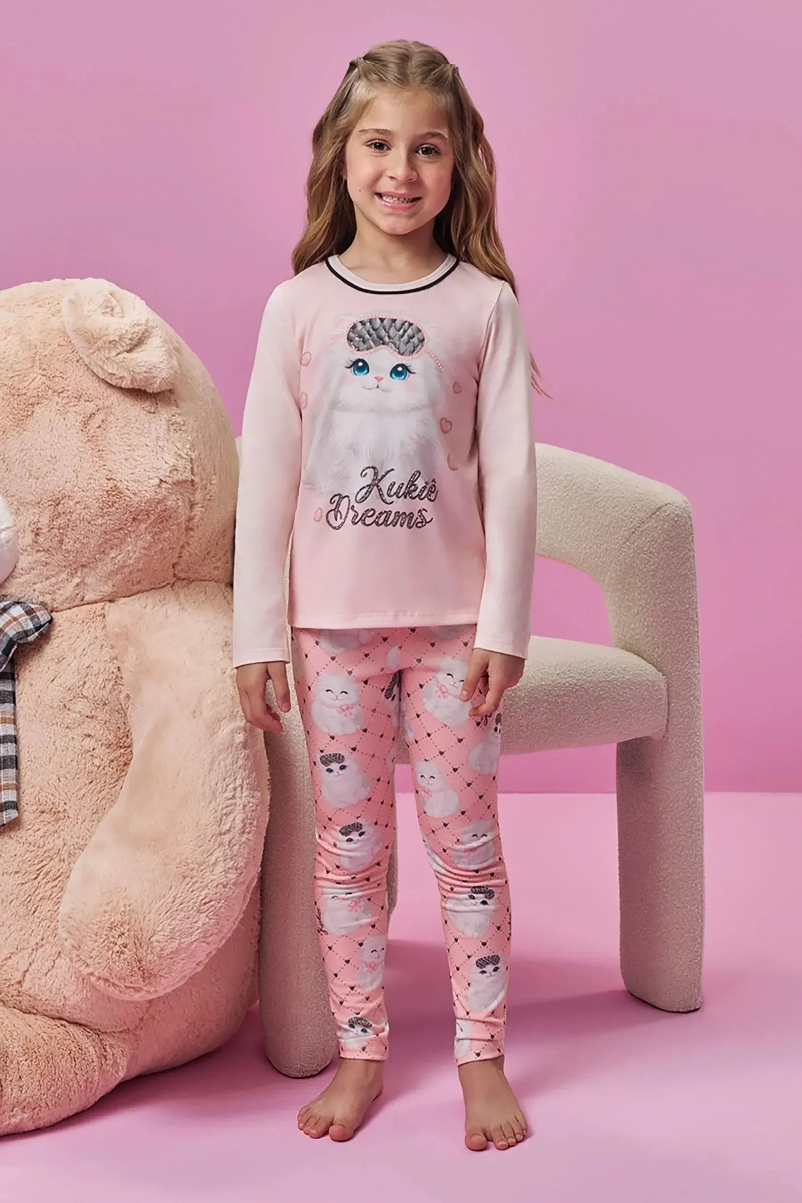 Conjunto de Pijama de Blusa em Meia Malha e Calça Legging em Malha Fresh 94272 Kukiê Infantil Menina