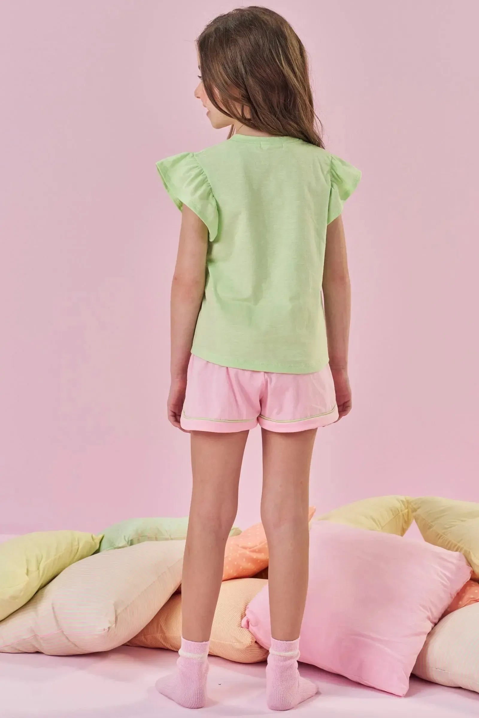 Conjunto de Pijama de Blusa em Meia Malha Flamê e Shorts em Meia Malha 86966 Kukiê Infantil Menina