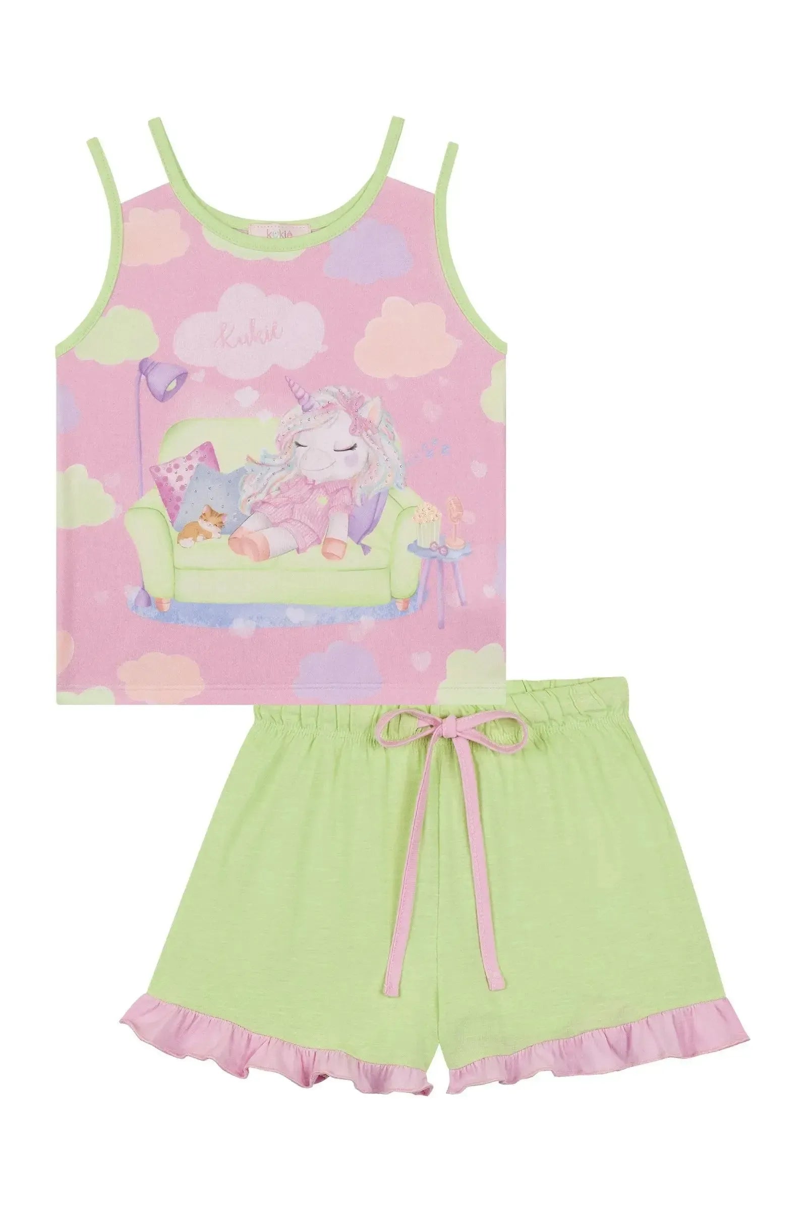 Conjunto de Pijama de Regata em Meia Malha e Shorts em Meia Malha Flamê 86971 Kukiê Infantil Menina