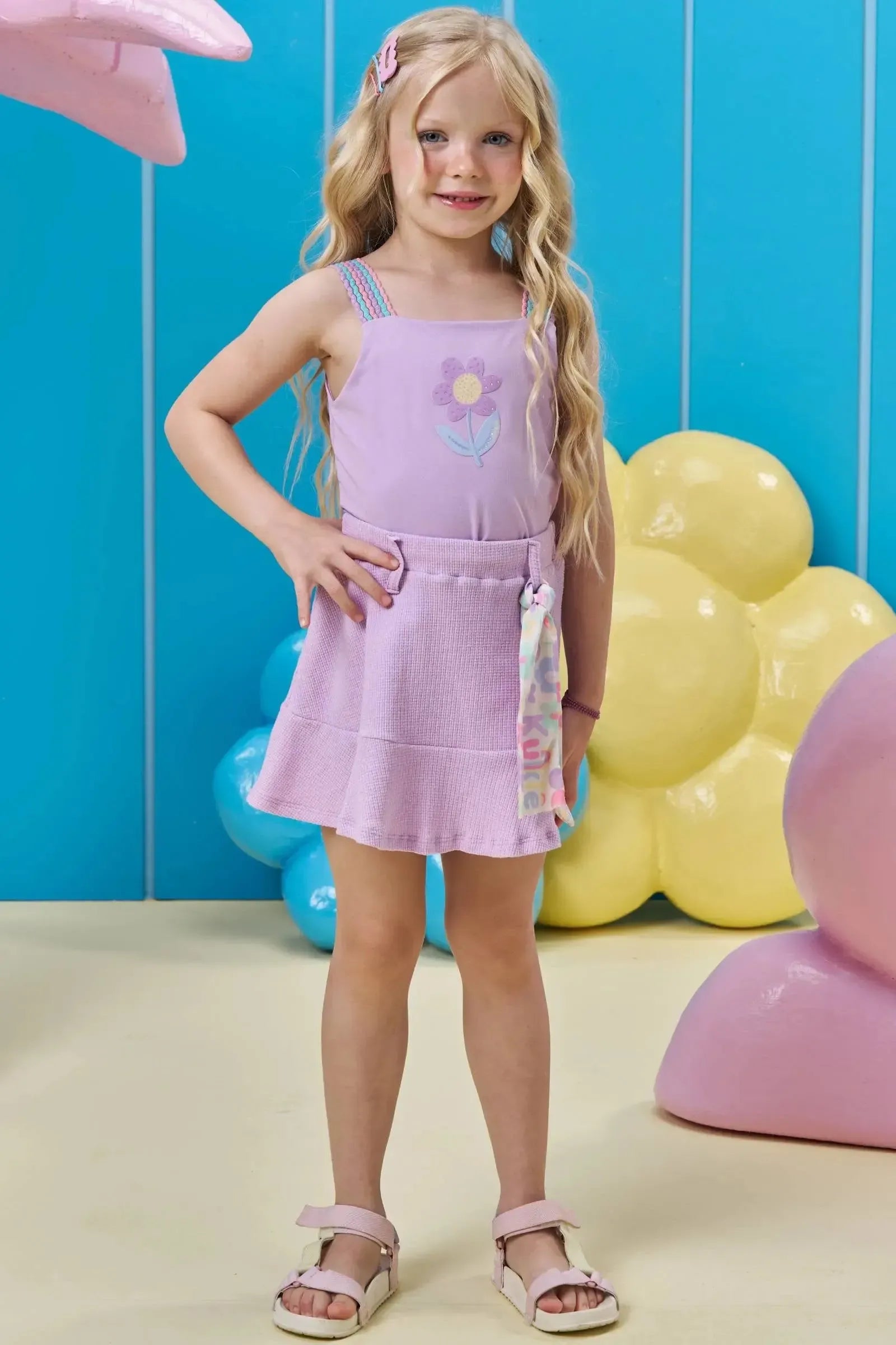 Conjunto de Regata e Saia em Malha Waffle (com Shorts Embutido) 97233 Kukiê Infantil Menina