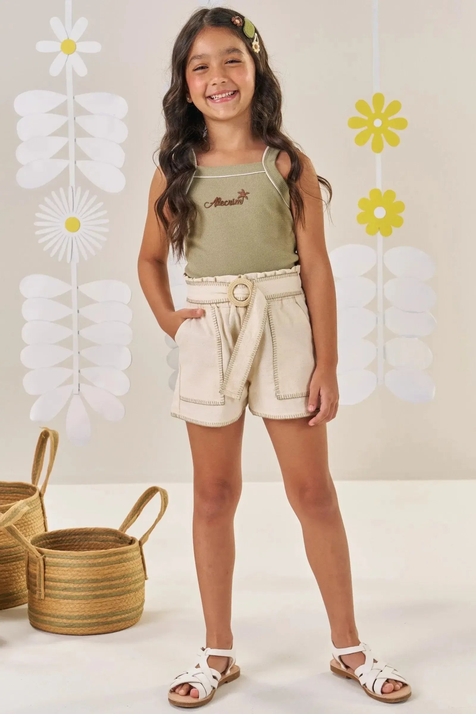 Conjunto de Regata em Canelado e Shorts em Linho com Elastano 86498 Kukiê Infantil Menina