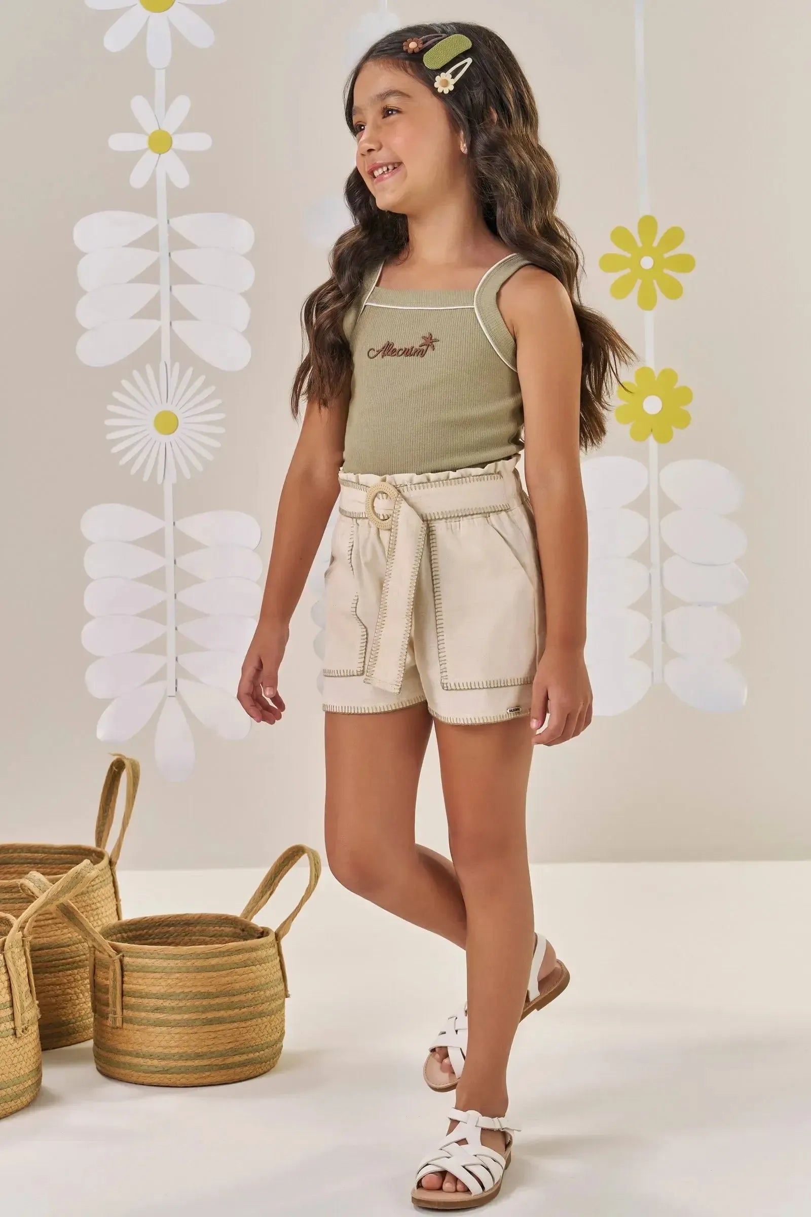 Conjunto de Regata em Canelado e Shorts em Linho com Elastano 86498 Kukiê Infantil Menina