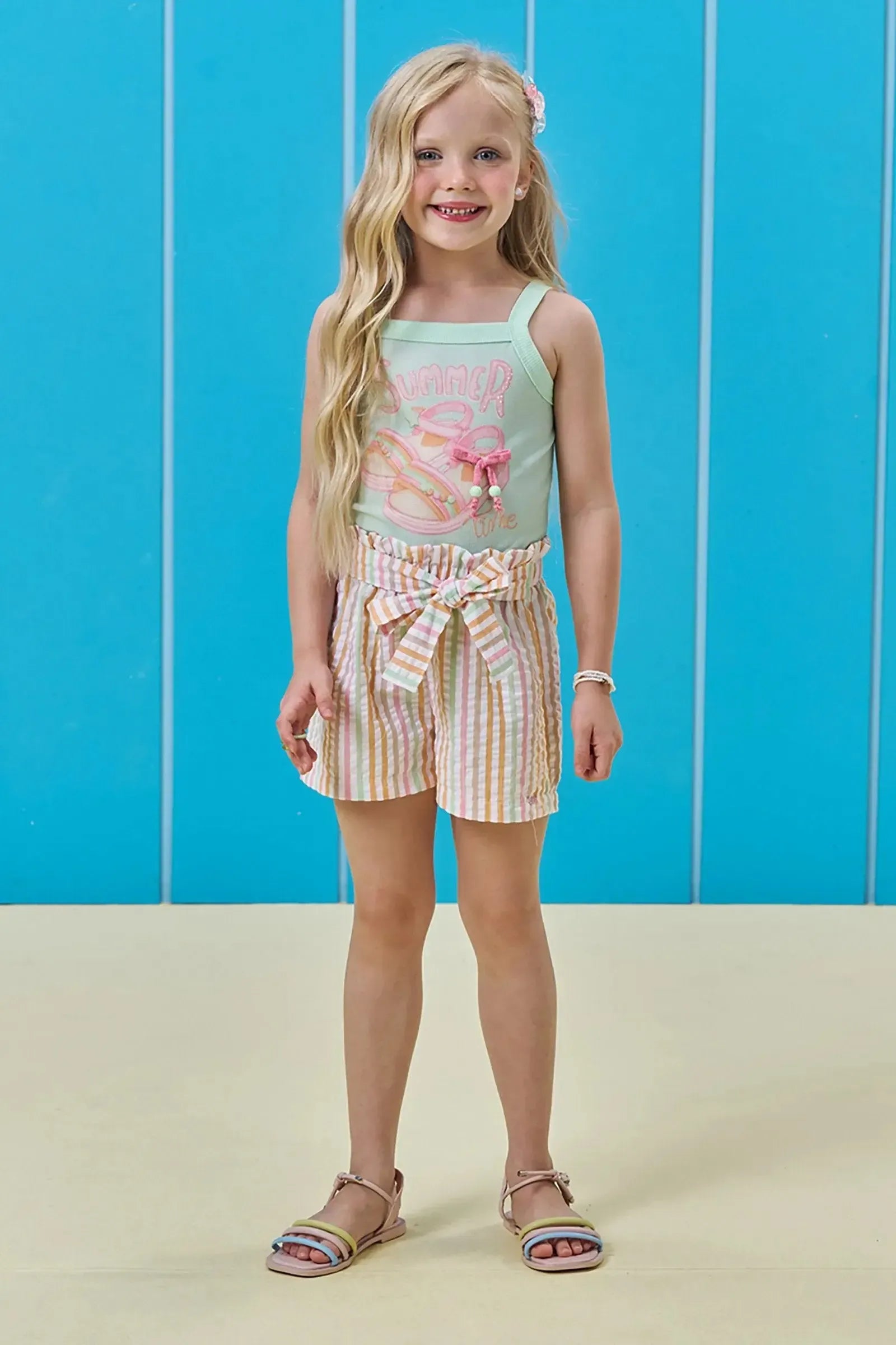 Conjunto de Regata em Canelado e Shorts em Tricoline Listrado 96343 Kukiê Infantil Menina