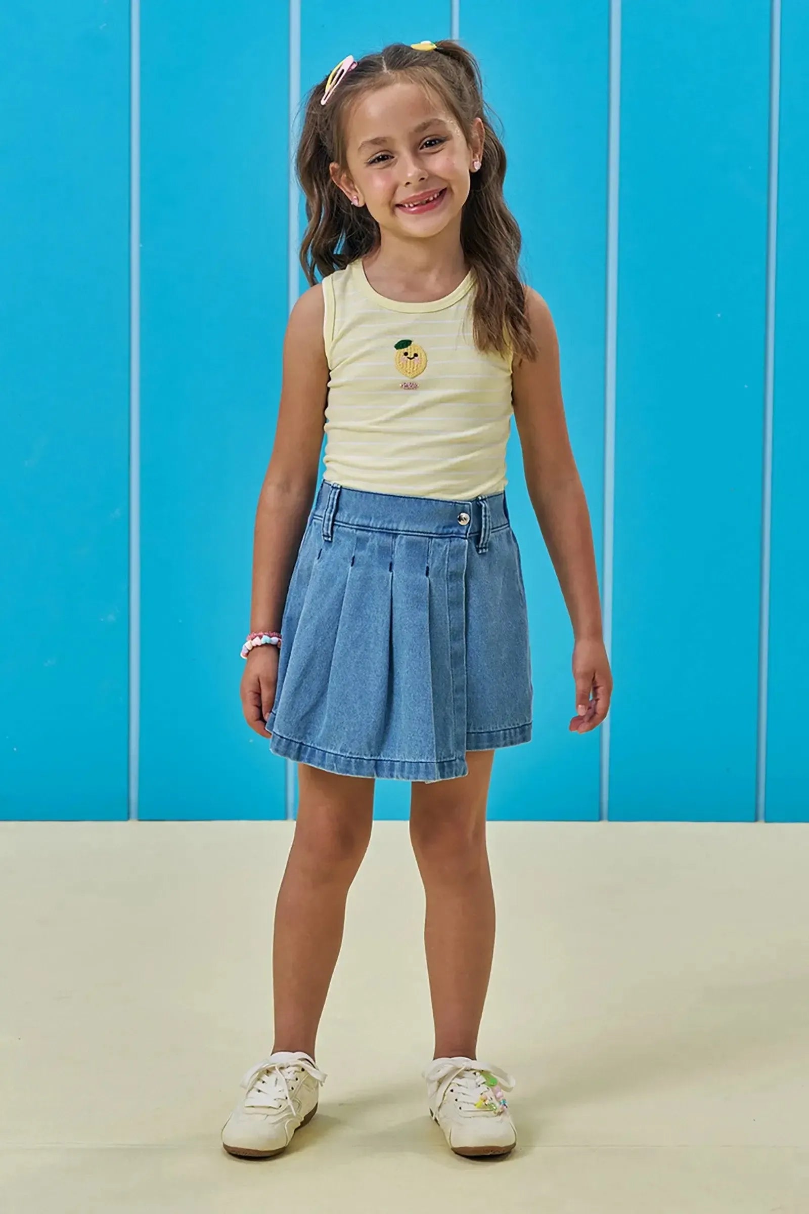 Conjunto de Regata em Cotton Fio Tinto e Short Saia em Jeans 95346 Kukiê Infantil Menina