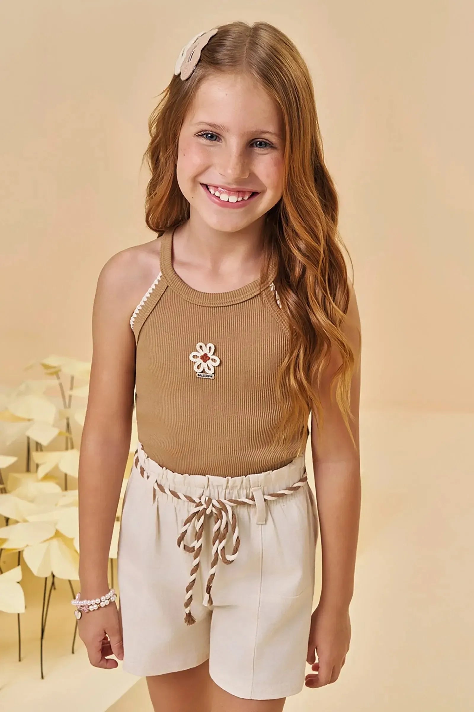 Conjunto de Regata em Soft Line e Shorts em Linho Santorini com Elastano 94802 Kukiê Infantil Menina