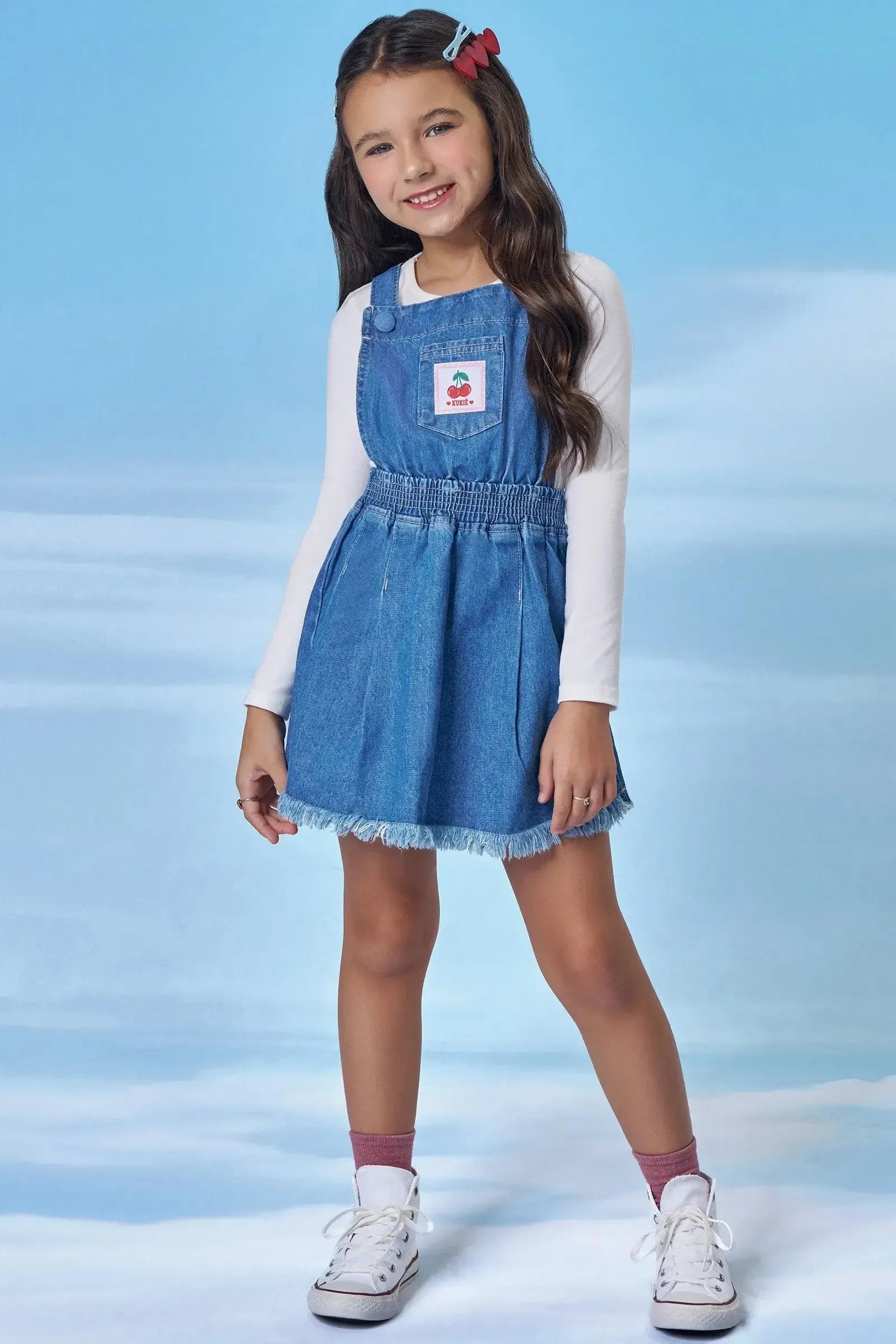 Conjunto de Salopete em Jeans e Blusa em Cotton 91722 Kukiê Infantil Menina