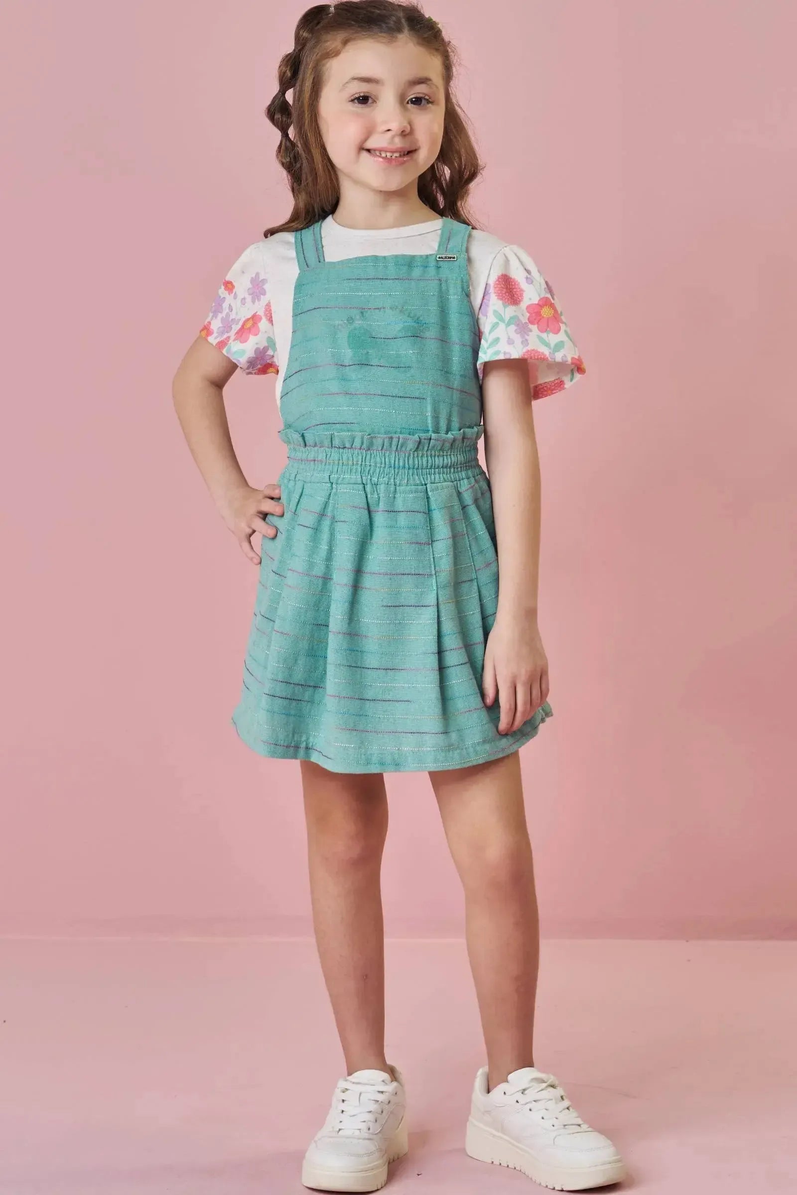 Conjunto de Salopete em Linho Rajado e Blusa em Malha Power Linho 88950 Kukiê Infantil Menina