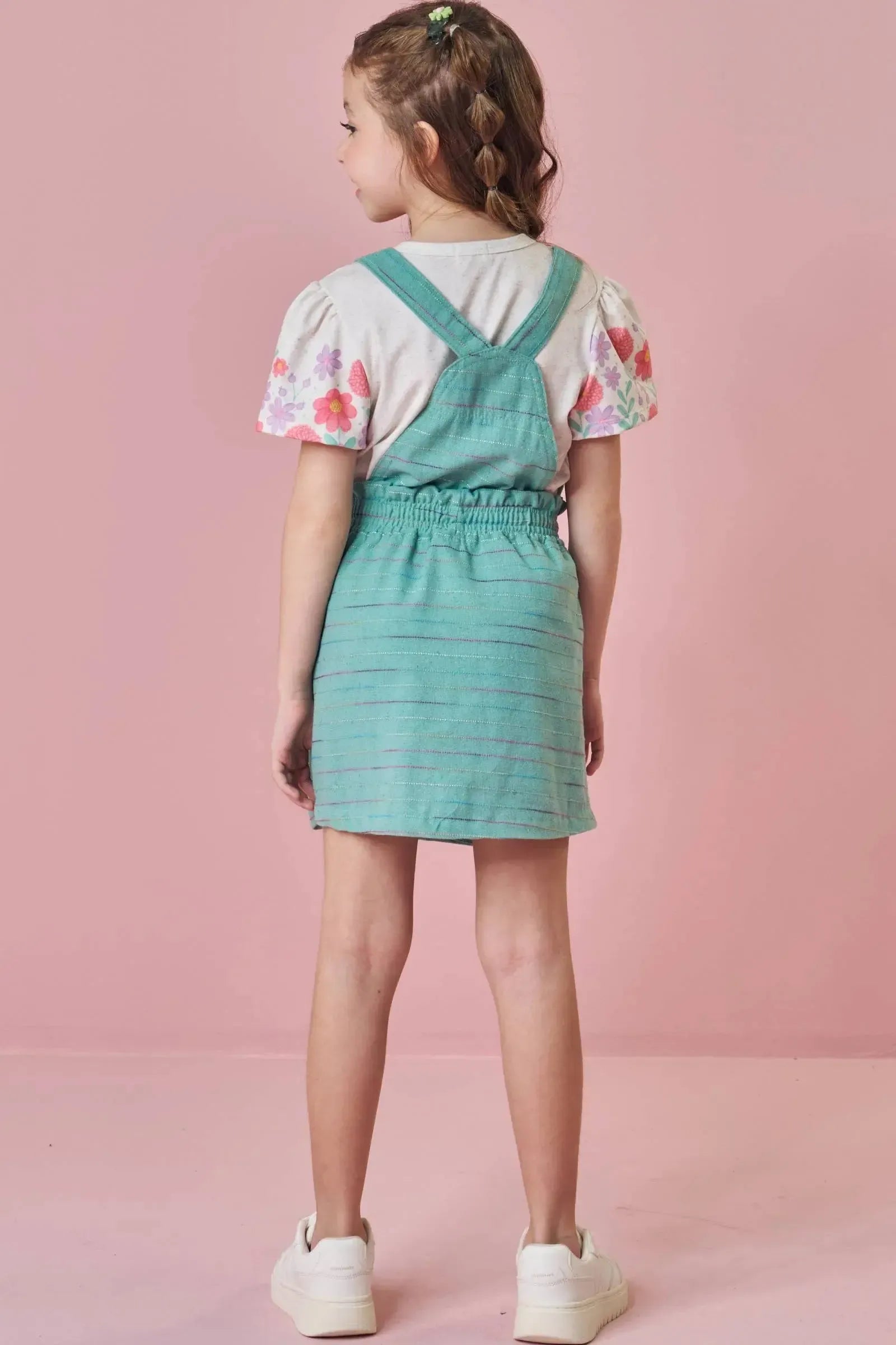 Conjunto de Salopete em Linho Rajado e Blusa em Malha Power Linho 88950 Kukiê Infantil Menina