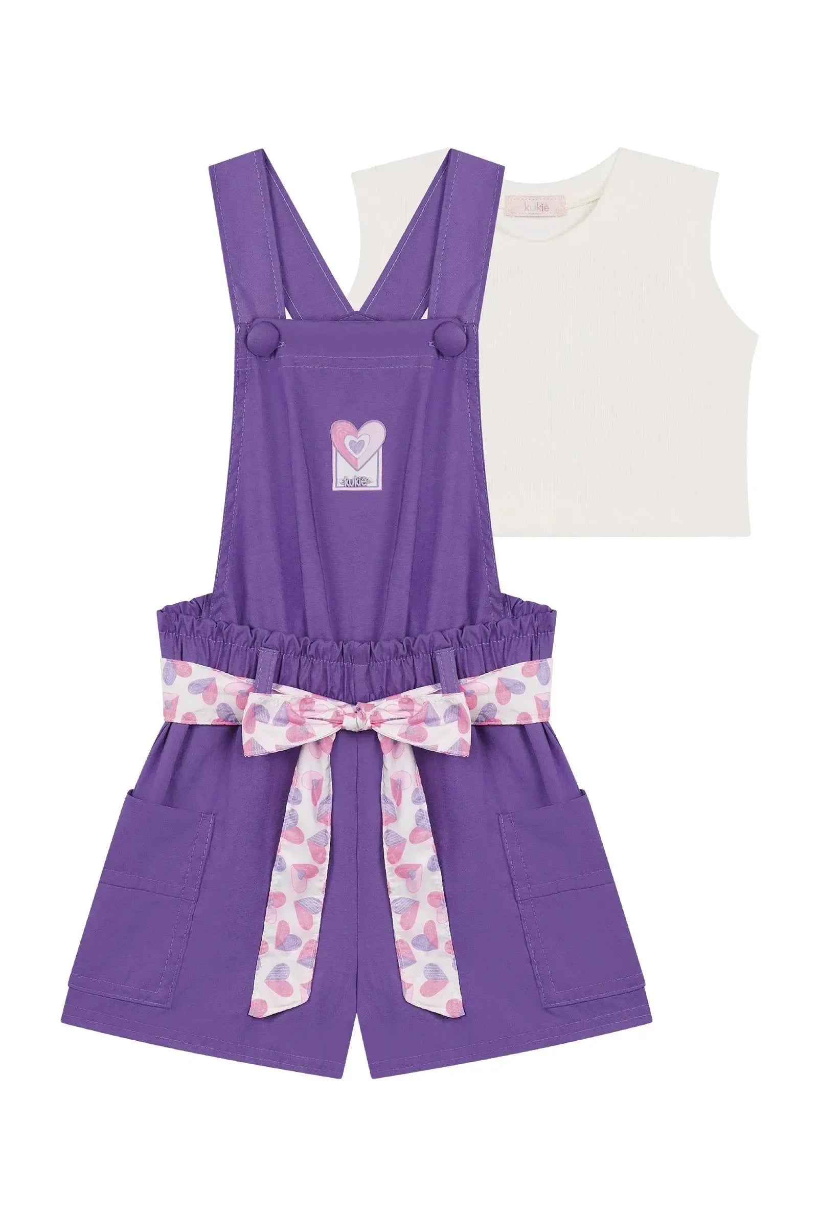 Conjunto de Top Cropped em Canelado e Jardineira em Cupro 87314 Kukiê Infantil Menina