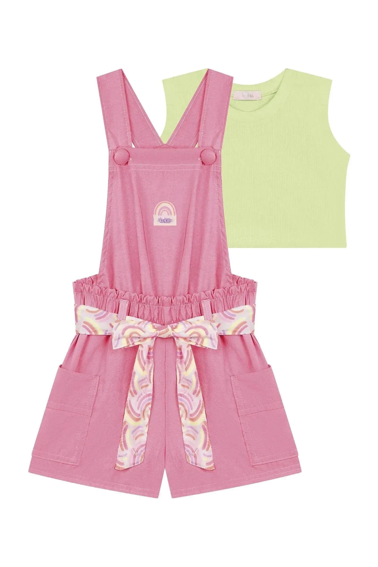 Conjunto de Top Cropped em Canelado e Jardineira em Cupro 87314 Kukiê Infantil Menina