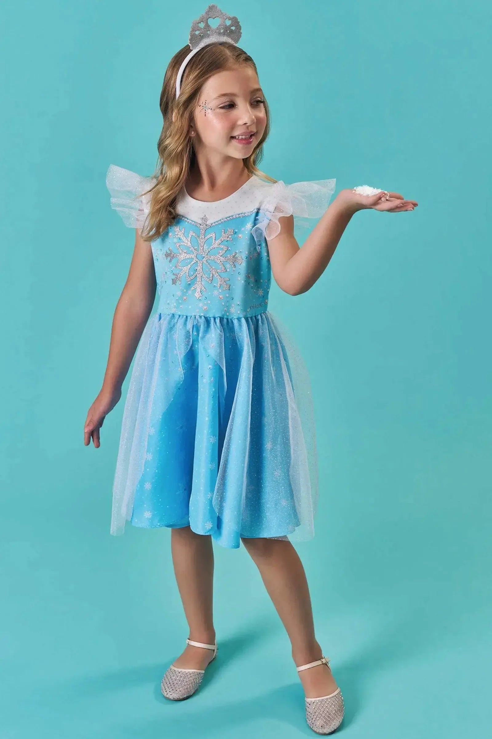 Fantasia de Princesa Do Gelo em Fly Tech e Tule Glitter. Acompanha Tiara 85751 Infanti Infantil Menina