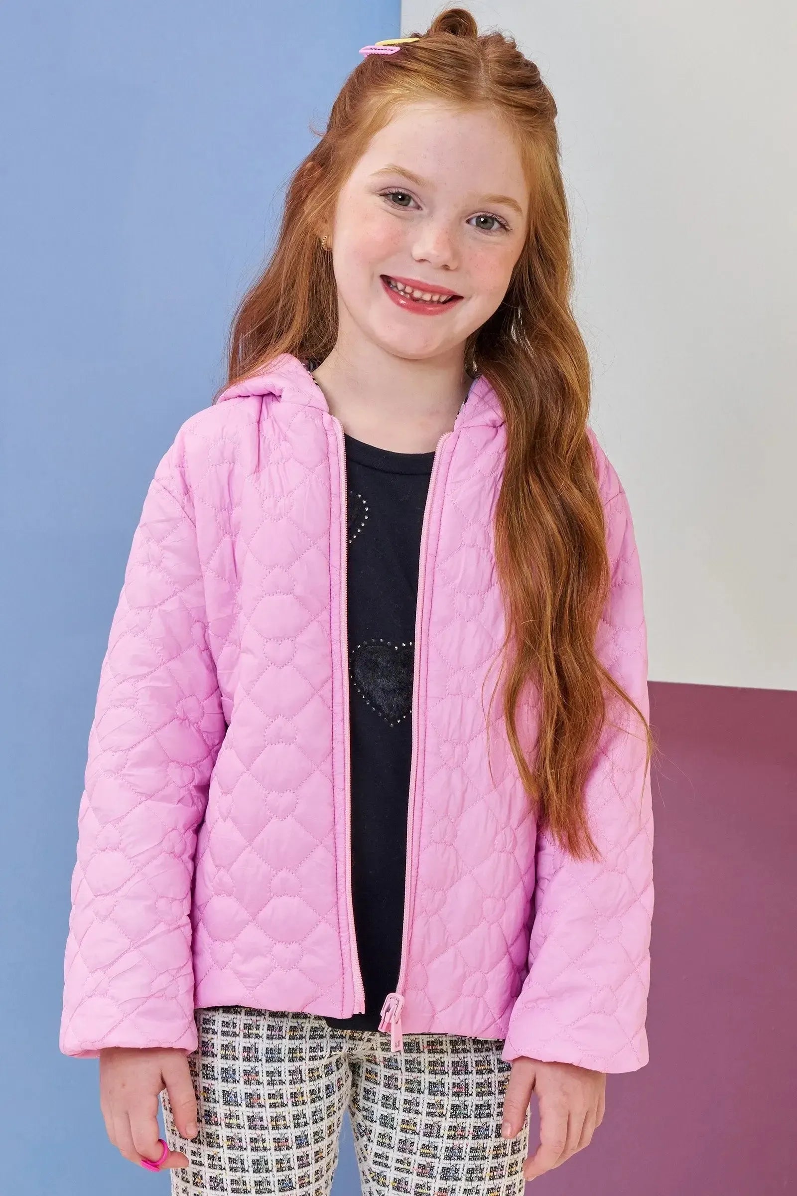 Jaqueta Reversível em Nylon Matelassê de Coração e Malha Comfy 92159 Infanti Infantil Menina