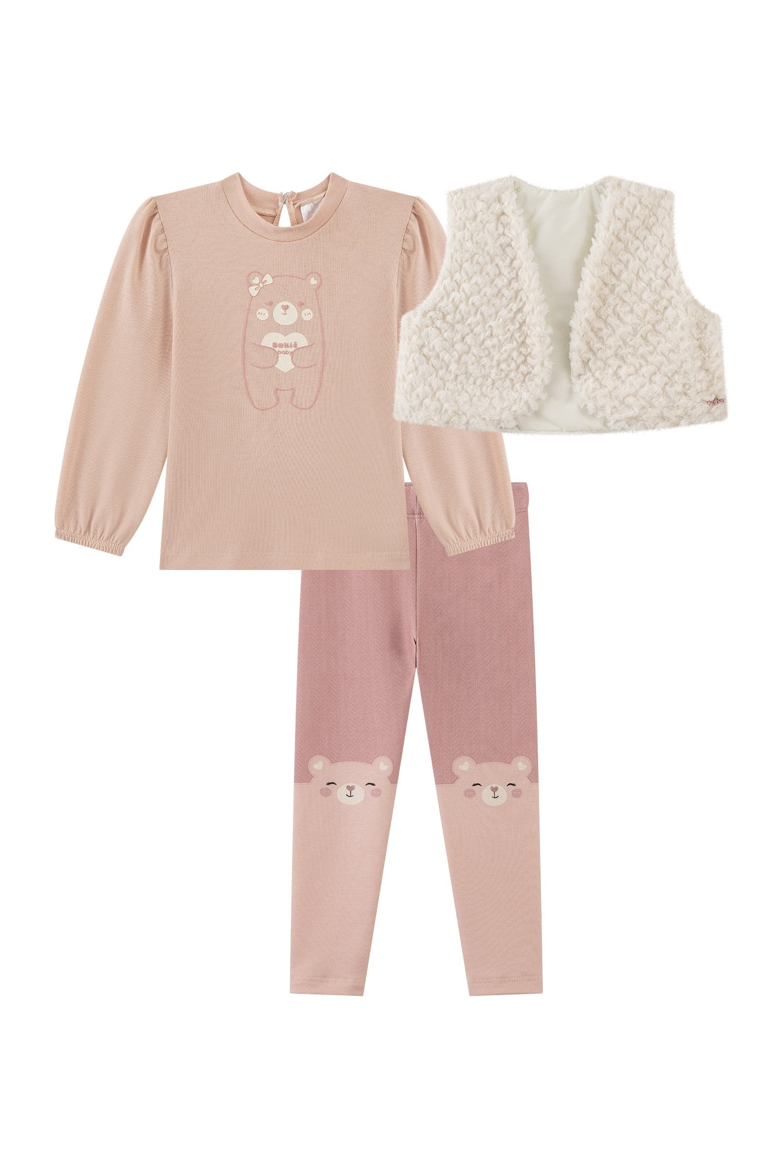 Trio de Bata em Cotton Colete em Pêlo Ondas e Calça Legging em Molecotton 92268 Kukiê Bebê Menina