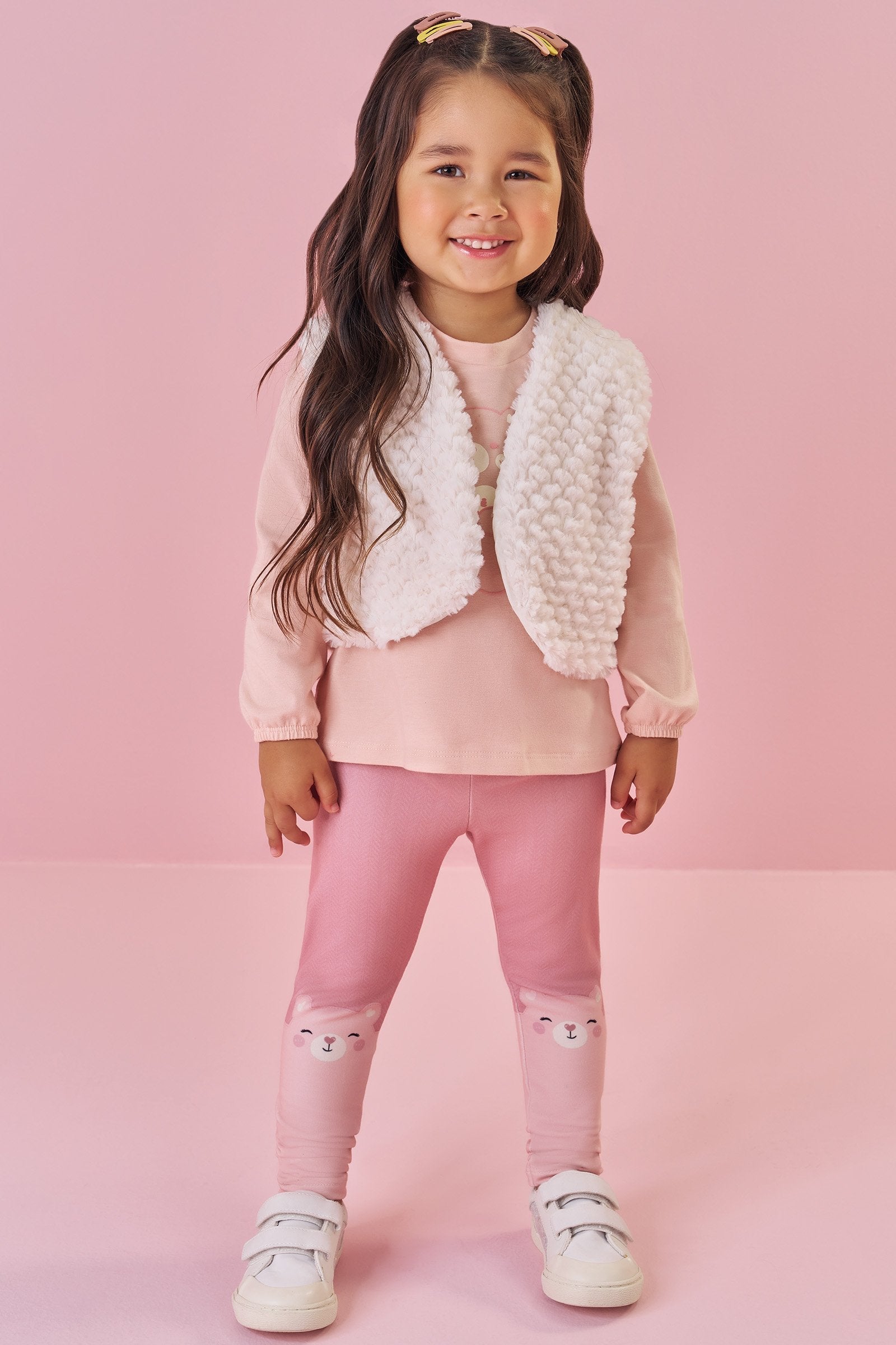 Trio de Bata em Cotton Colete em Pêlo Ondas e Calça Legging em Molecotton 92268 Kukiê Bebê Menina