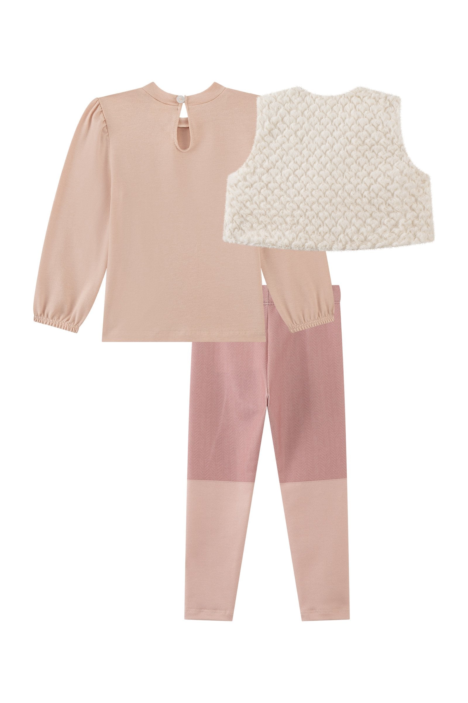 Trio de Bata em Cotton Colete em Pêlo Ondas e Calça Legging em Molecotton 92268 Kukiê Bebê Menina
